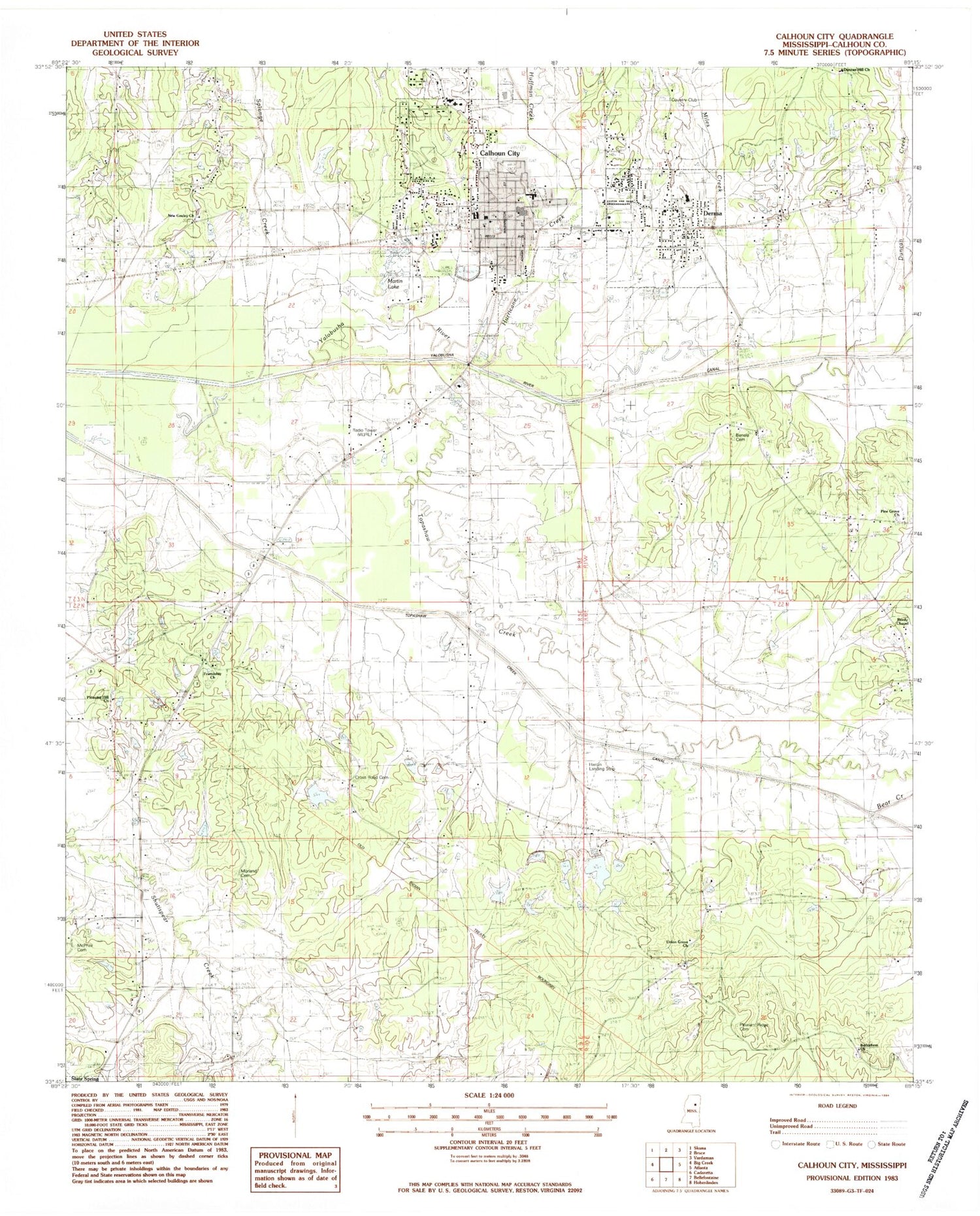 Classic USGS Calhoun City Mississippi 7.5'x7.5' Topo Map Image