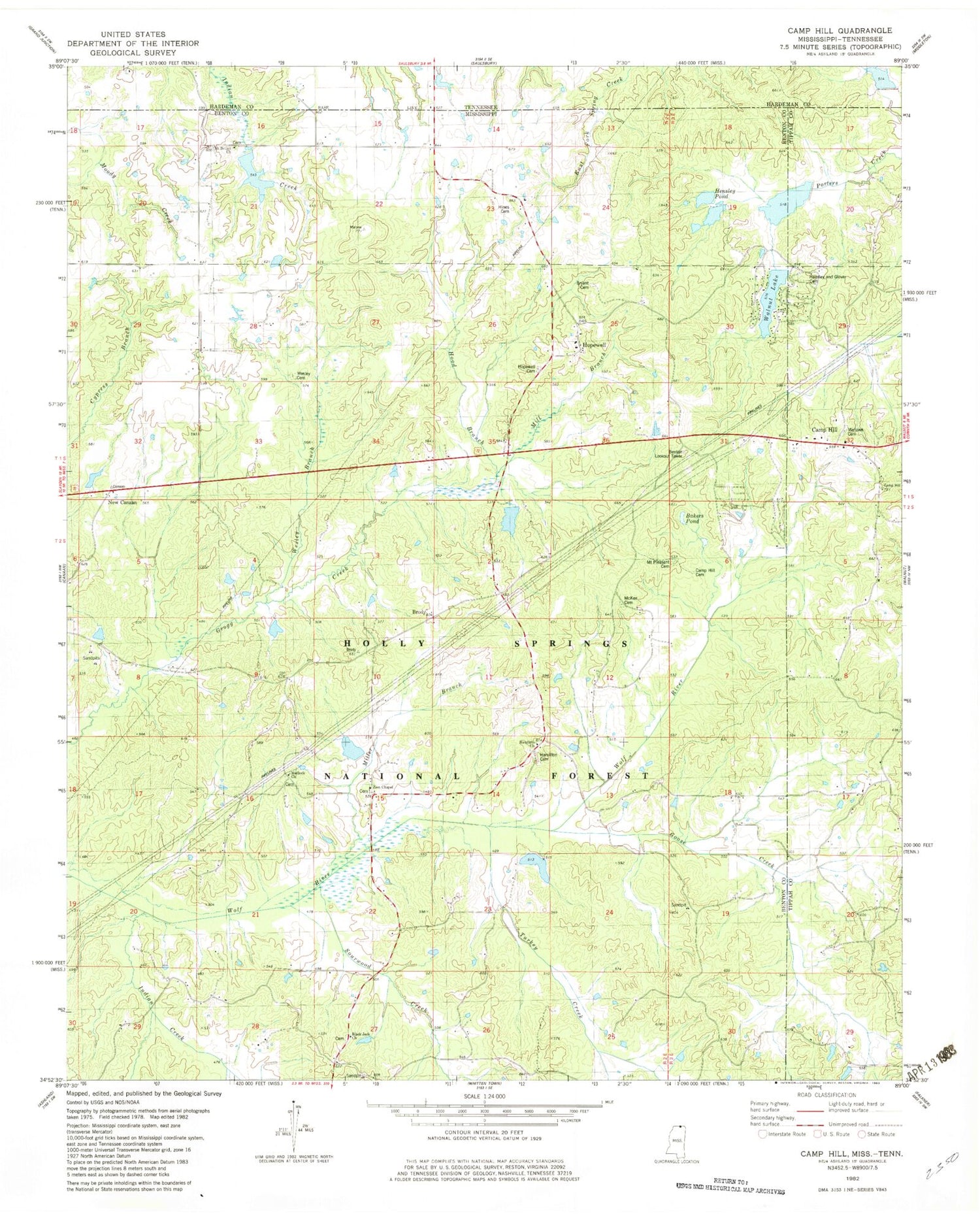 Classic USGS Camp Hill Mississippi 7.5'x7.5' Topo Map Image