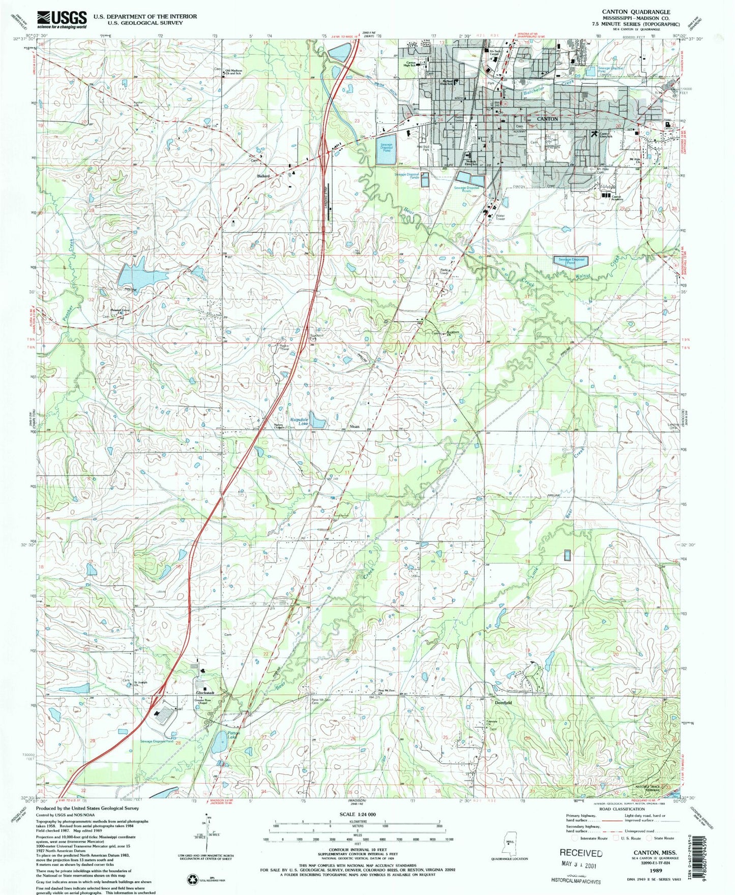 Classic USGS Canton Mississippi 7.5'x7.5' Topo Map Image