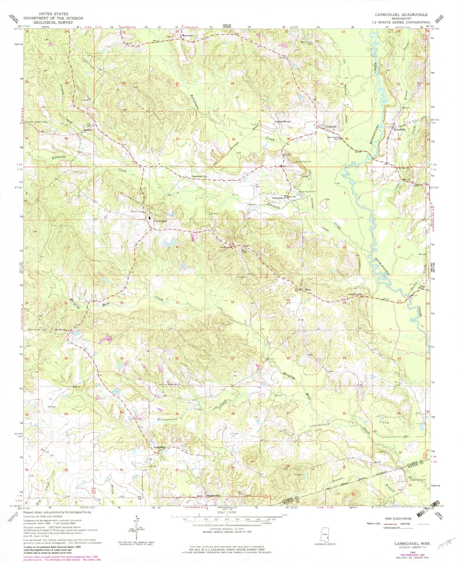 Classic USGS Carmichael Mississippi 7.5'x7.5' Topo Map Image