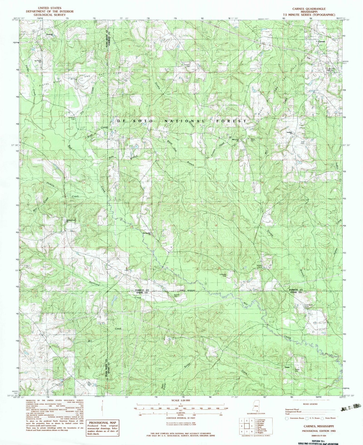 Classic USGS Carnes Mississippi 7.5'x7.5' Topo Map Image