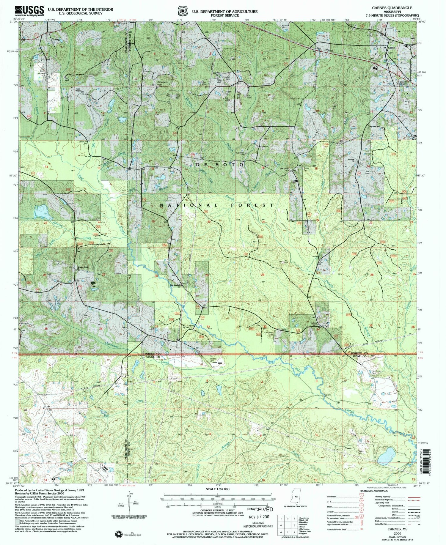 Classic USGS Carnes Mississippi 7.5'x7.5' Topo Map Image