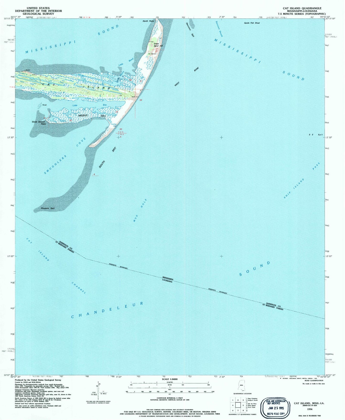 Classic USGS Cat Island Mississippi 7.5'x7.5' Topo Map Image