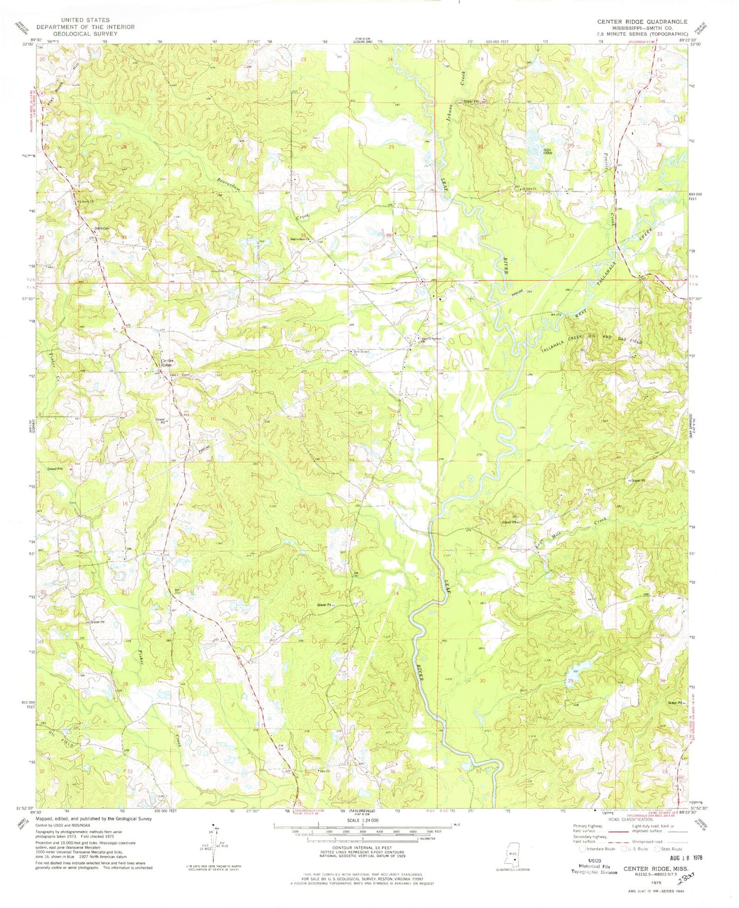Classic USGS Center Ridge Mississippi 7.5'x7.5' Topo Map Image