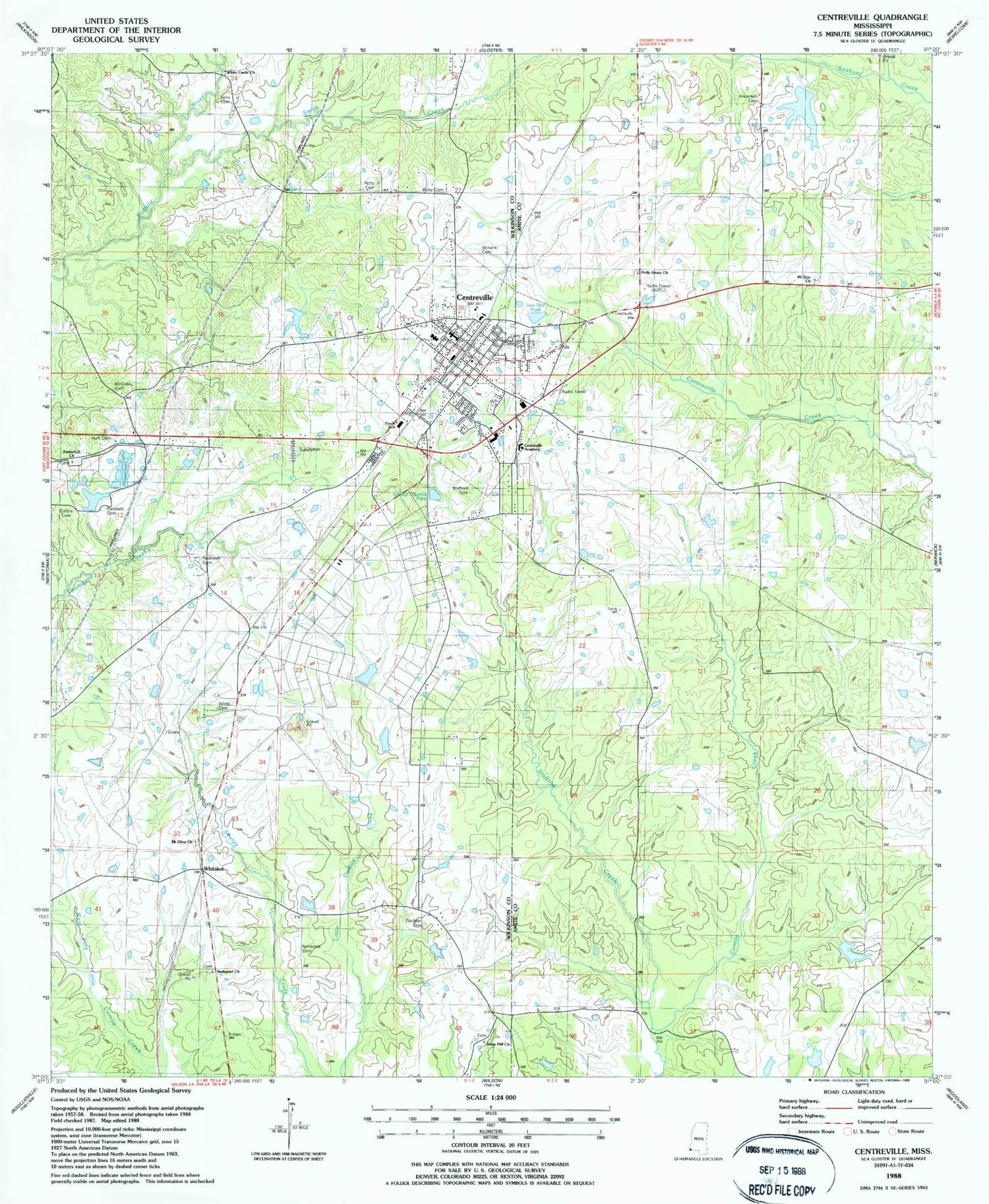 Classic USGS Centreville Mississippi 7.5'x7.5' Topo Map Image