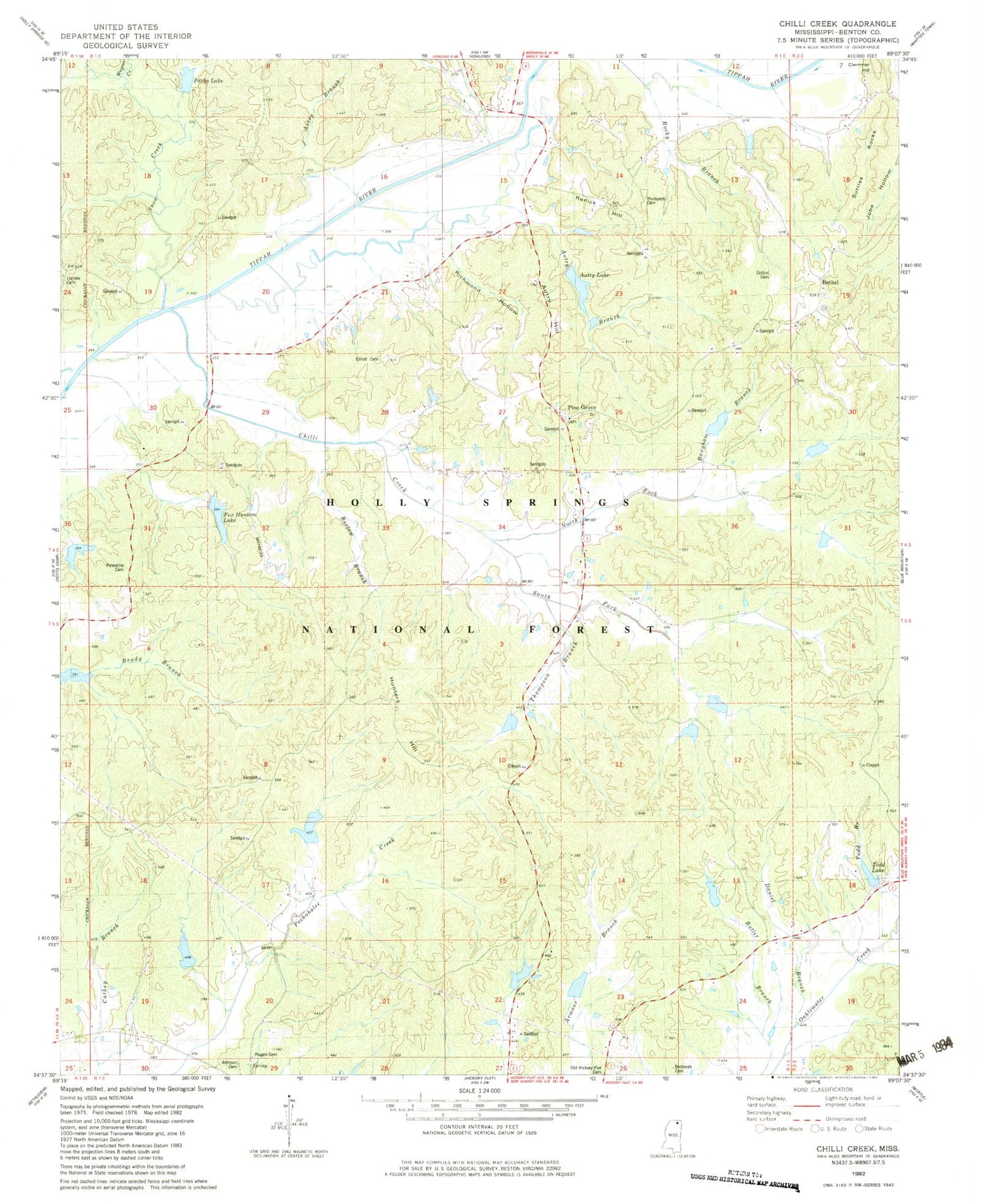 Classic USGS Chilli Creek Mississippi 7.5'x7.5' Topo Map Image