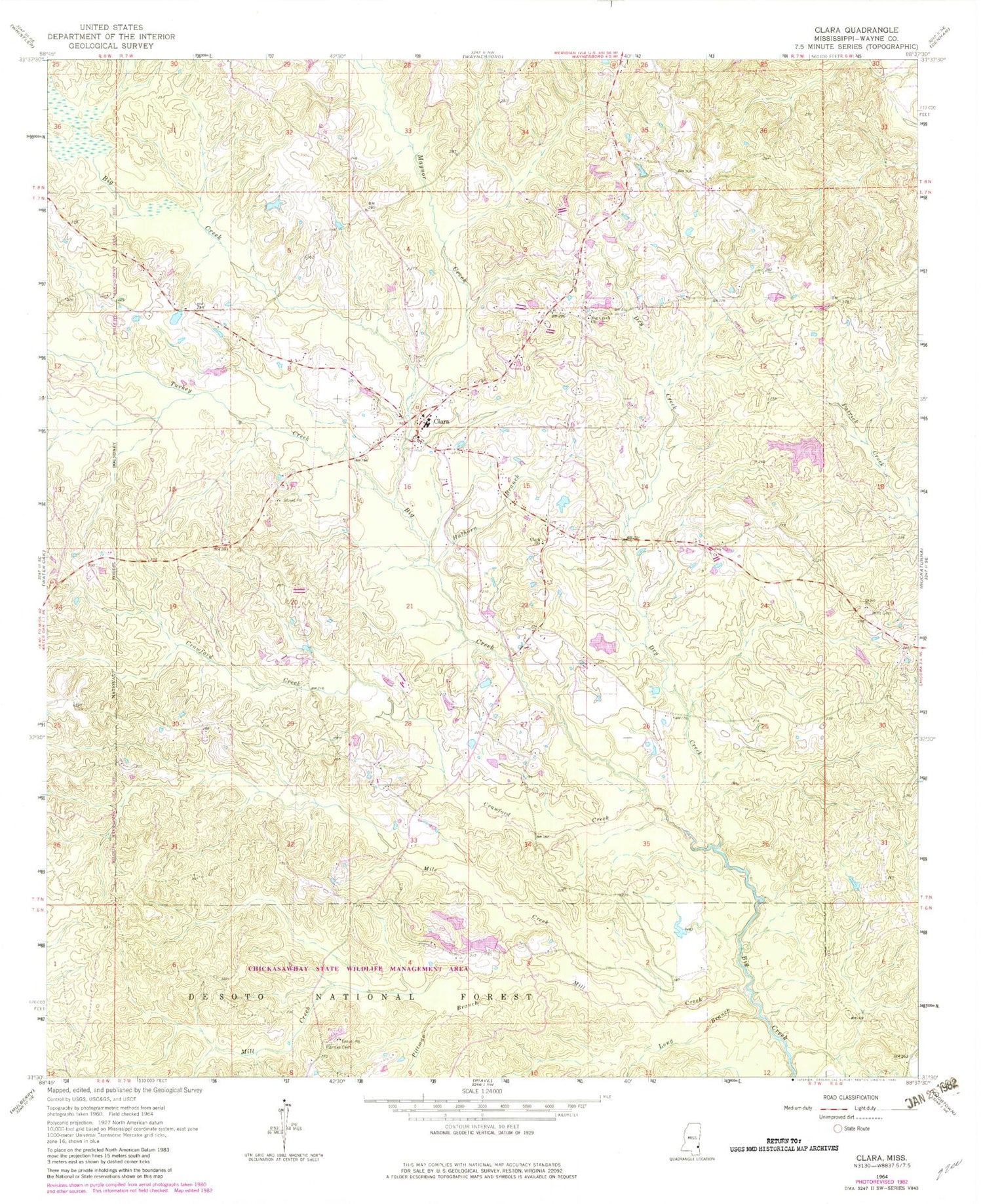 Classic USGS Clara Mississippi 7.5'x7.5' Topo Map Image