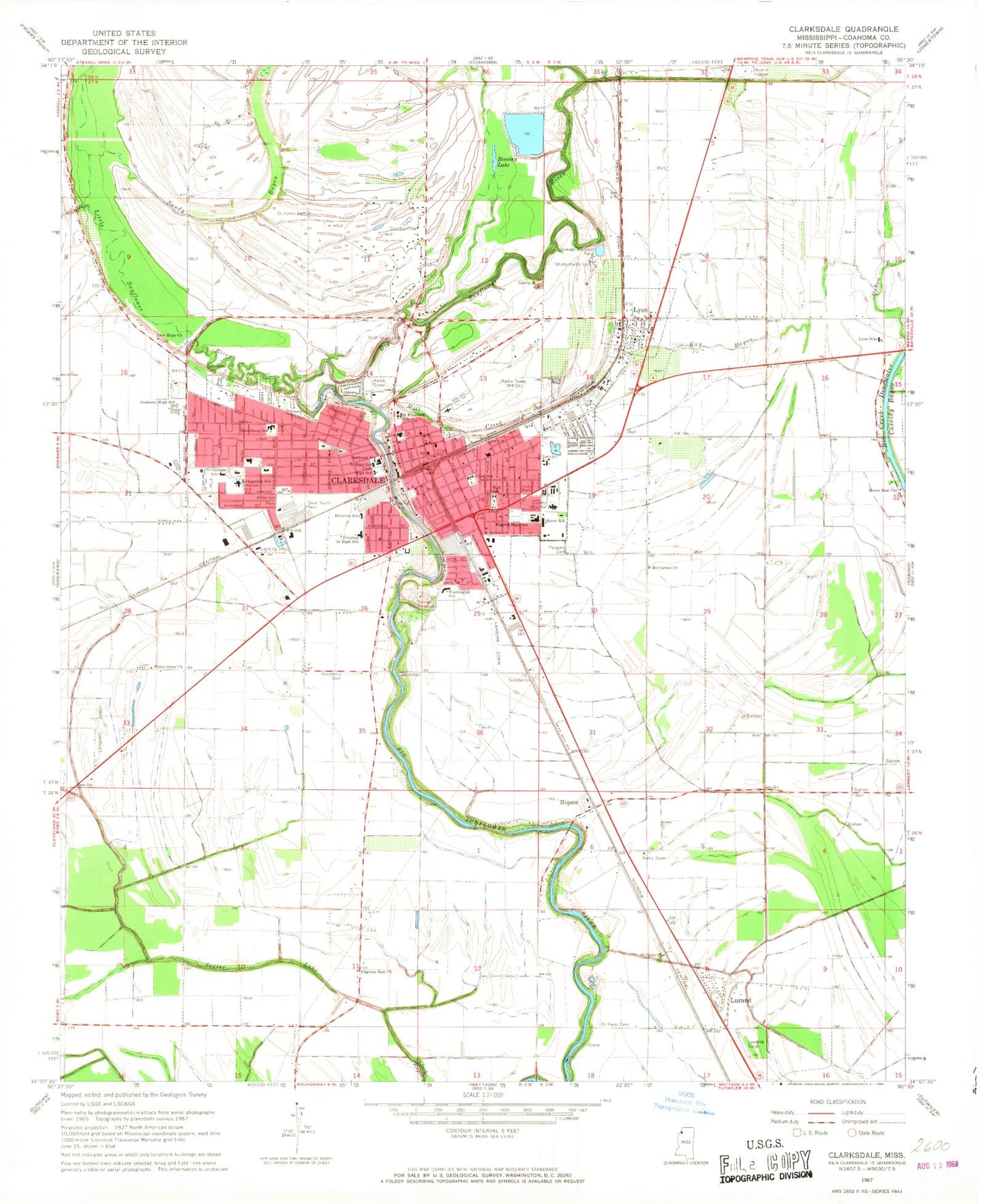 Classic USGS Clarksdale Mississippi 7.5'x7.5' Topo Map Image
