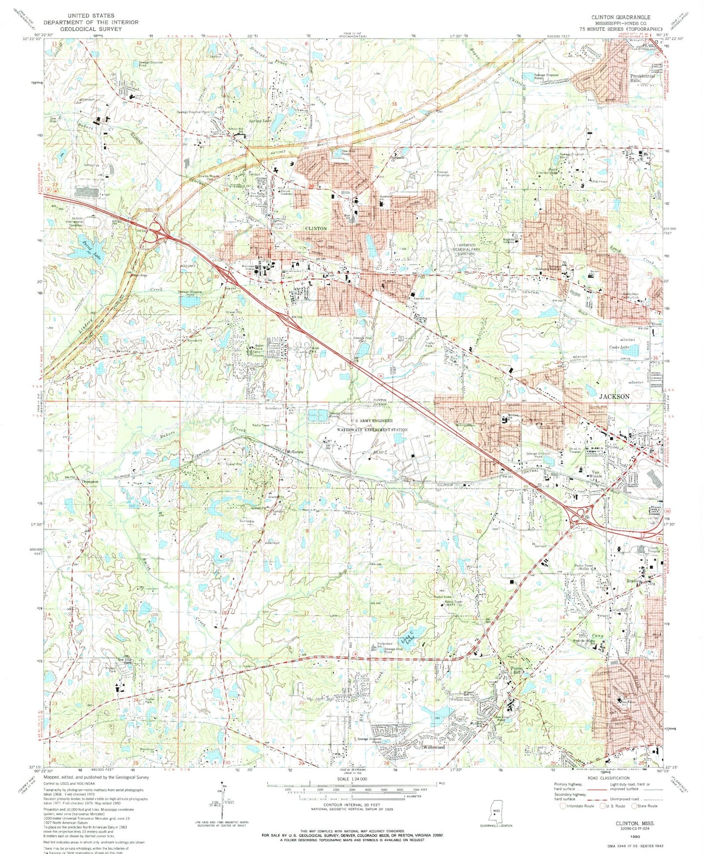 Classic USGS Clinton Mississippi 7.5'x7.5' Topo Map Image
