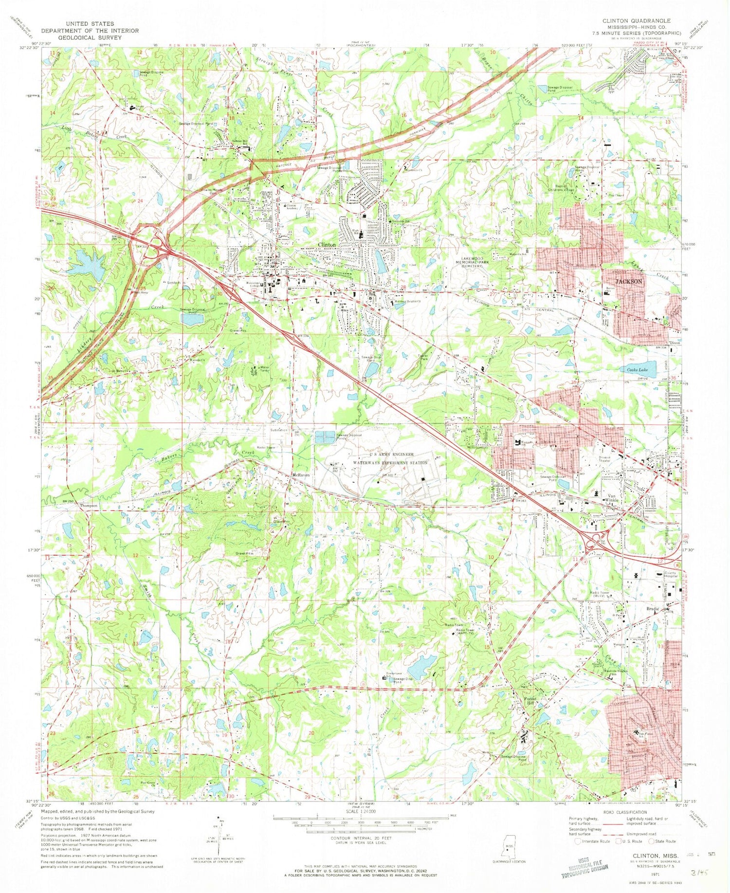 Classic USGS Clinton Mississippi 7.5'x7.5' Topo Map Image