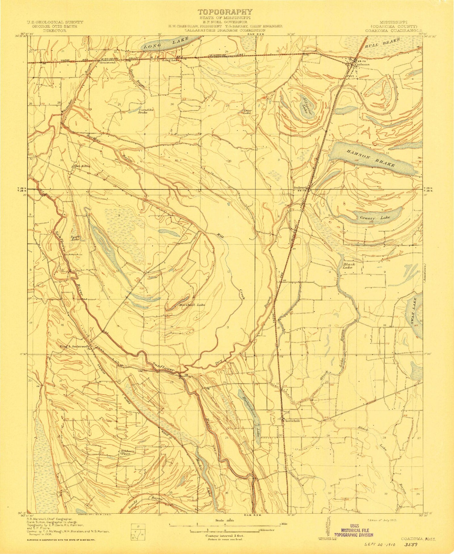 Classic USGS Coahoma Mississippi 7.5'x7.5' Topo Map Image