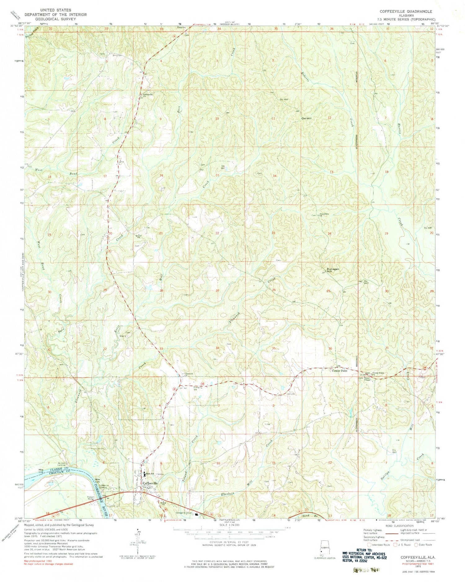 Classic USGS Coffeeville Mississippi 7.5'x7.5' Topo Map Image