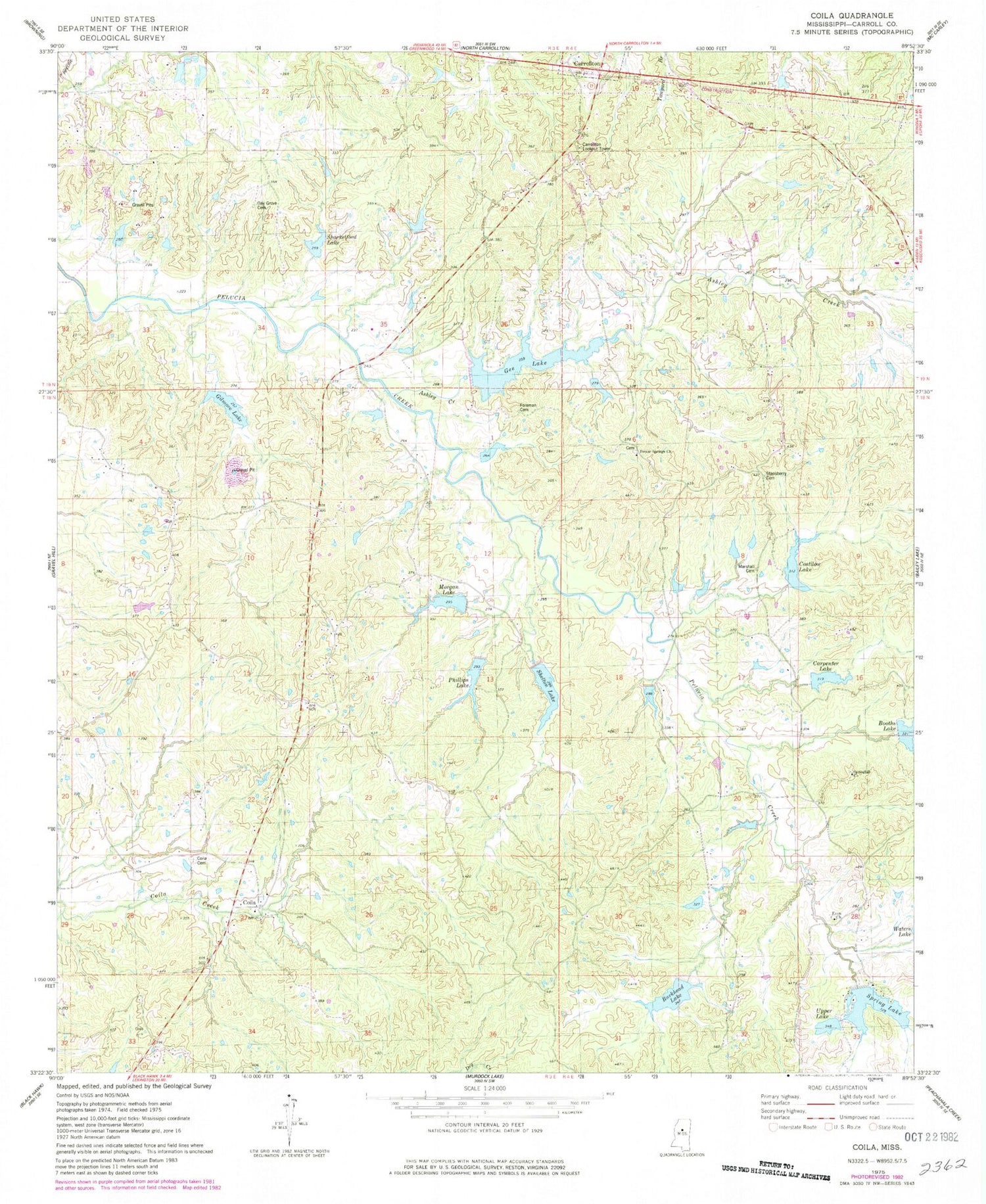 Classic USGS Coila Mississippi 7.5'x7.5' Topo Map Image