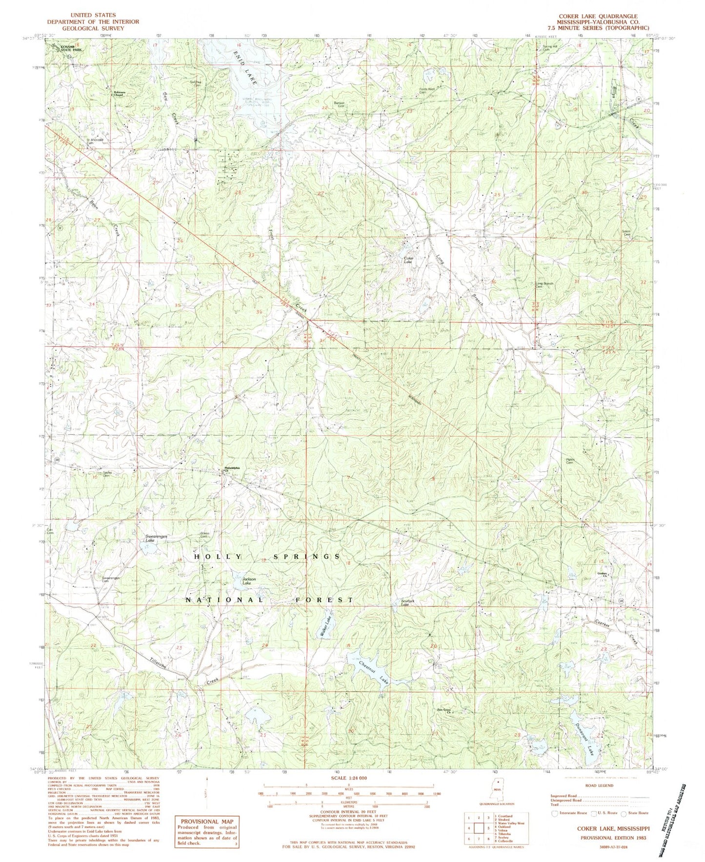 Classic USGS Coker Lake Mississippi 7.5'x7.5' Topo Map Image