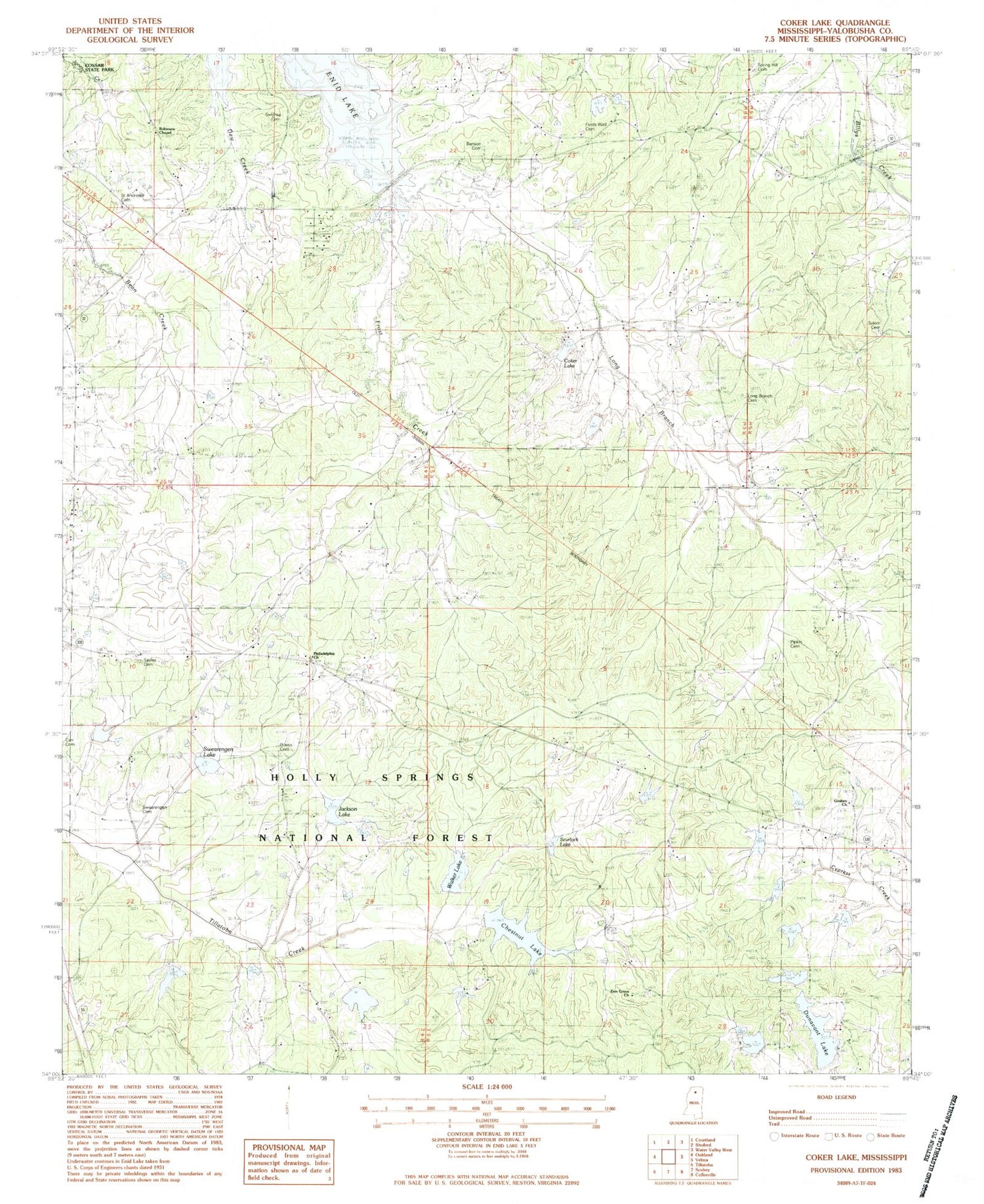 Classic USGS Coker Lake Mississippi 7.5'x7.5' Topo Map Image