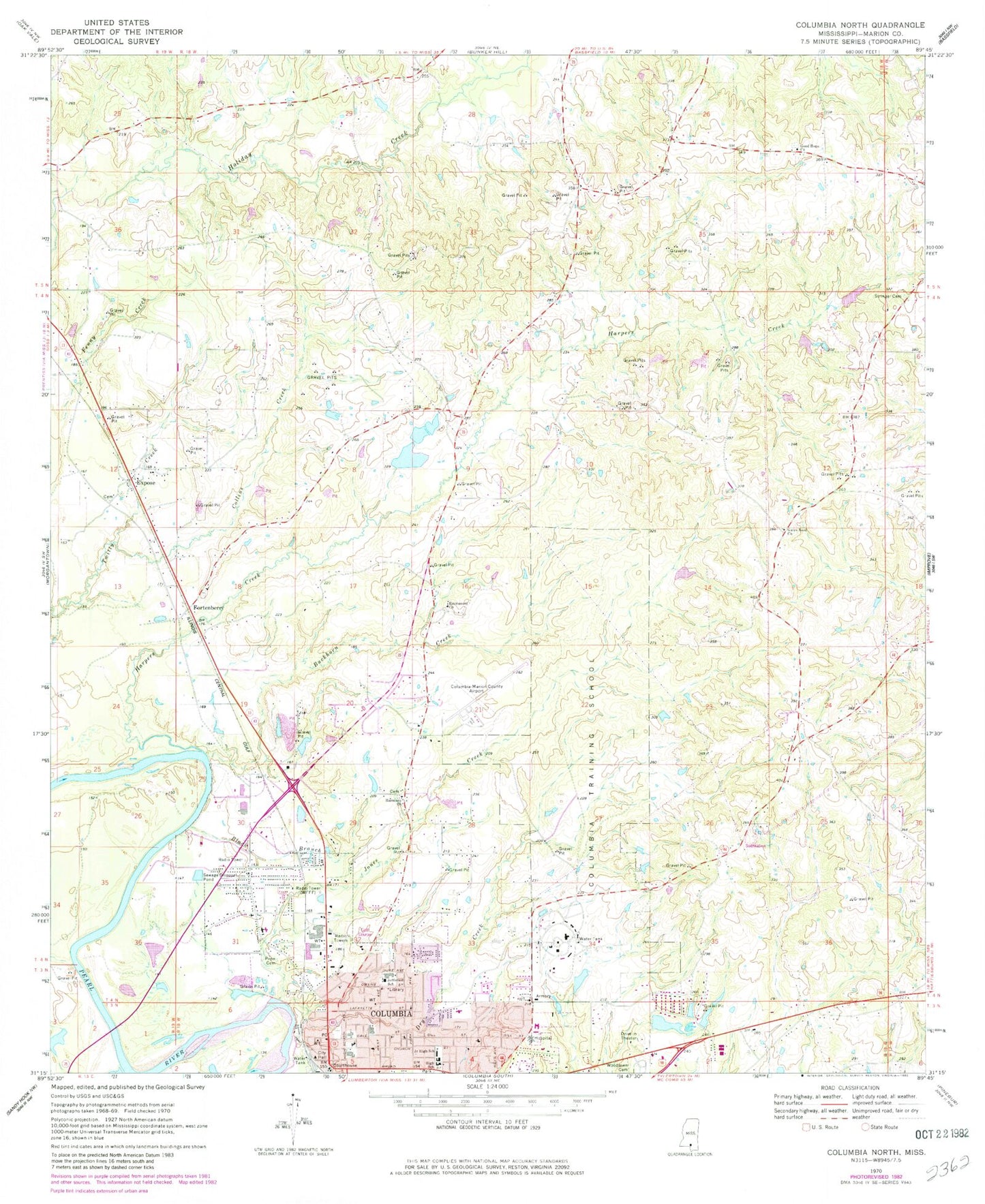 Classic USGS Columbia North Mississippi 7.5'x7.5' Topo Map Image