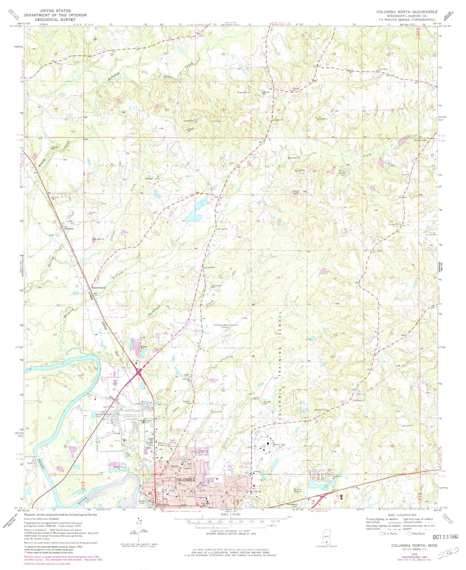 Classic USGS Columbia North Mississippi 7.5'x7.5' Topo Map Image