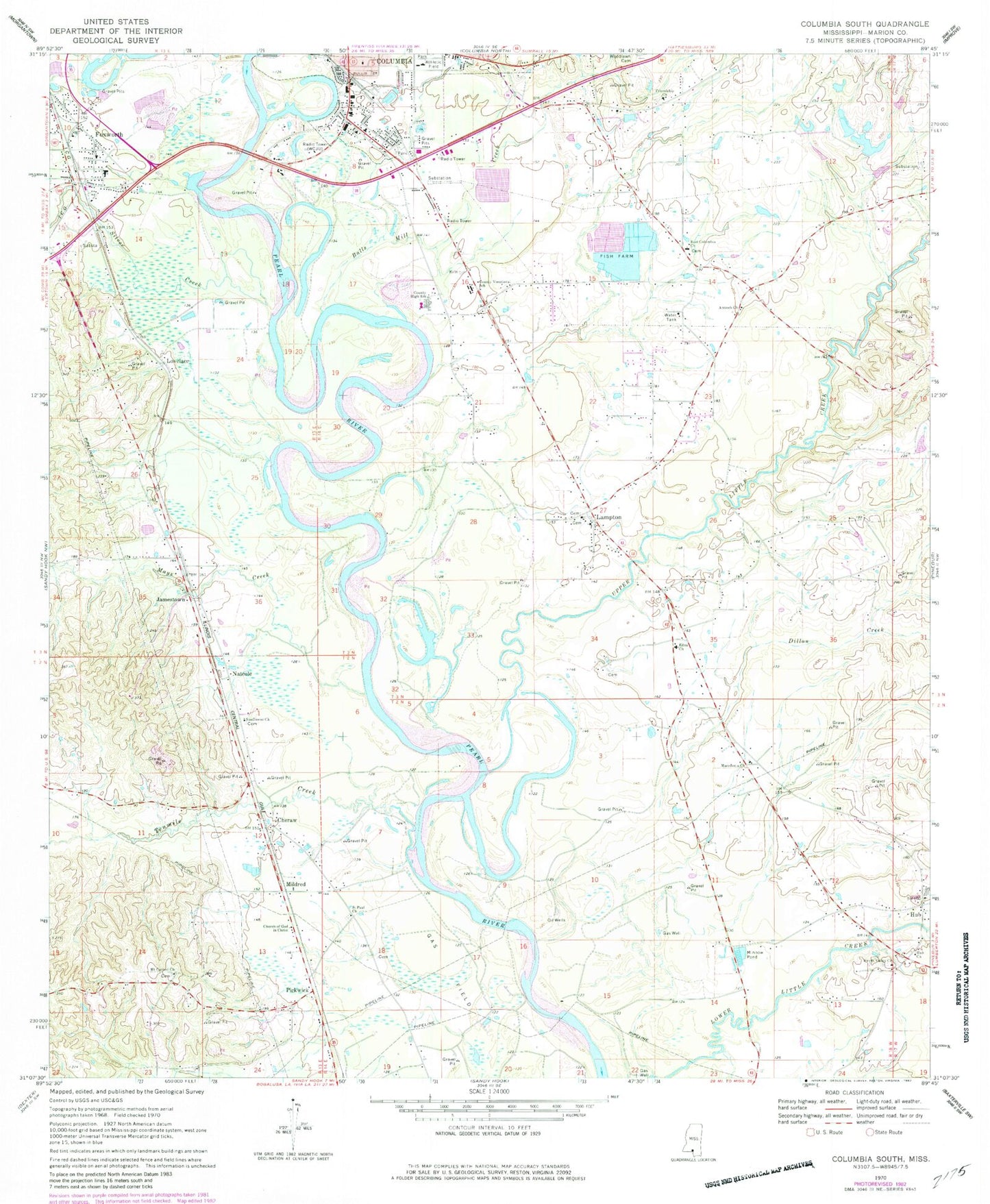 Classic USGS Columbia South Mississippi 7.5'x7.5' Topo Map Image