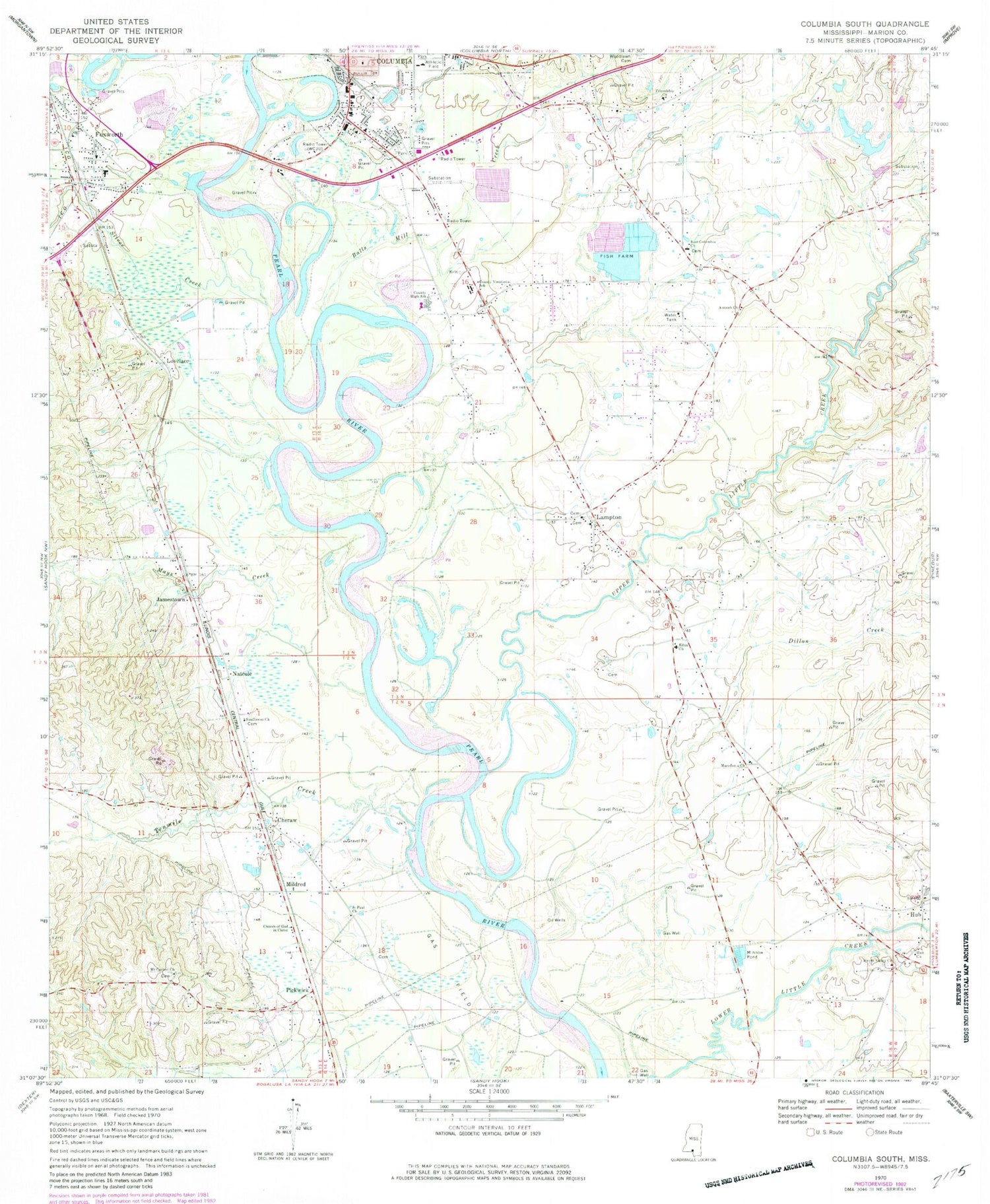 Classic USGS Columbia South Mississippi 7.5'x7.5' Topo Map Image