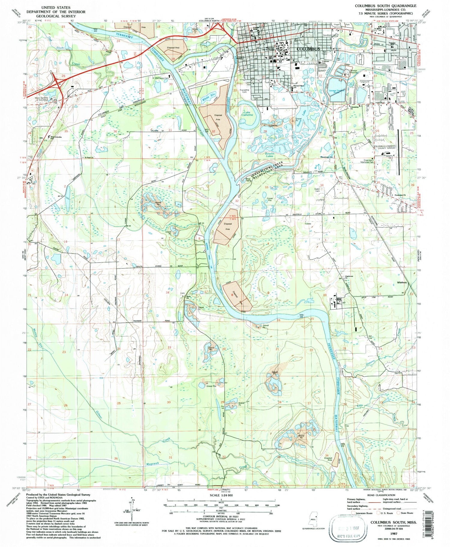 Classic USGS Columbus South Mississippi 7.5'x7.5' Topo Map Image