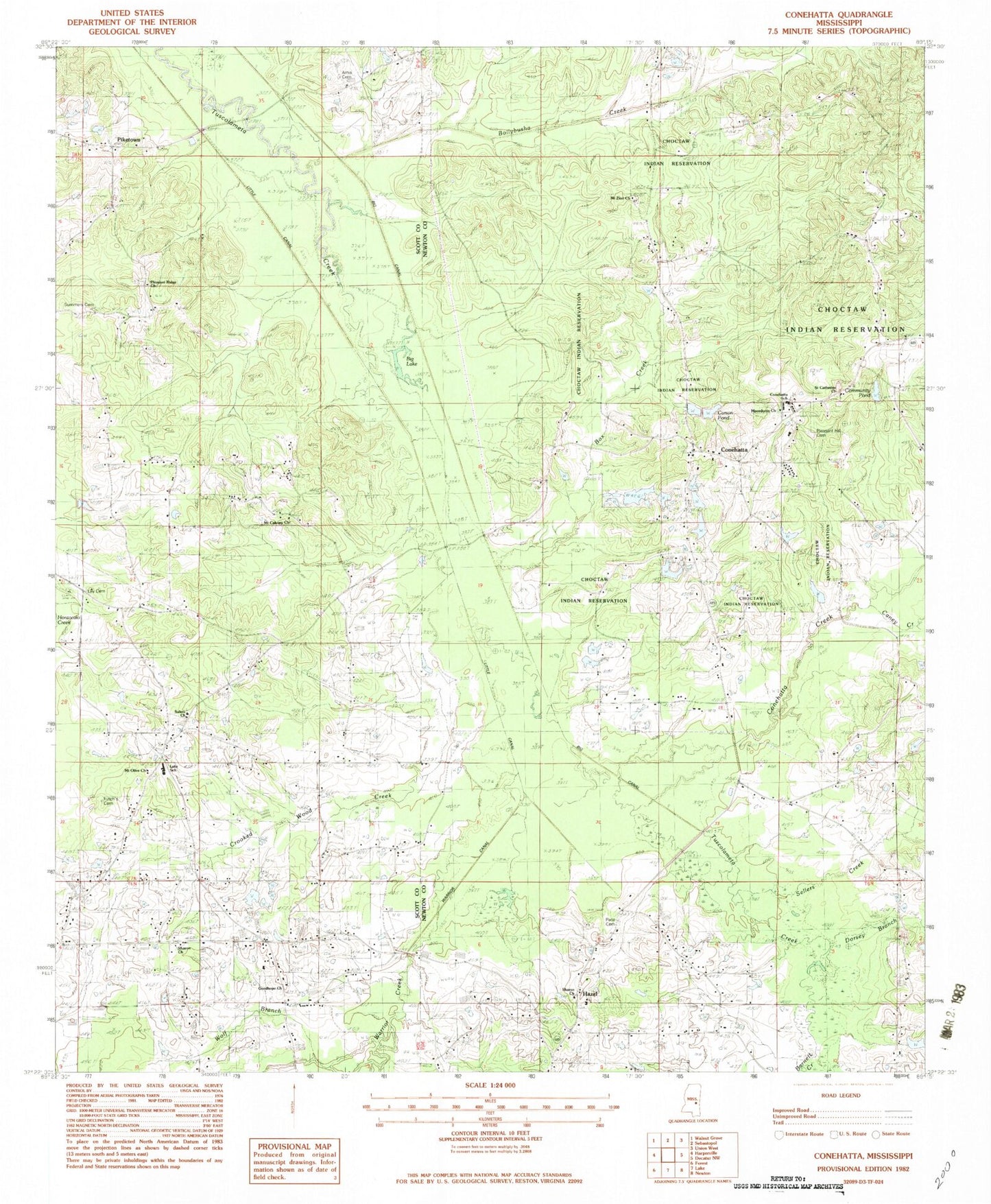 Classic USGS Conehatta Mississippi 7.5'x7.5' Topo Map Image