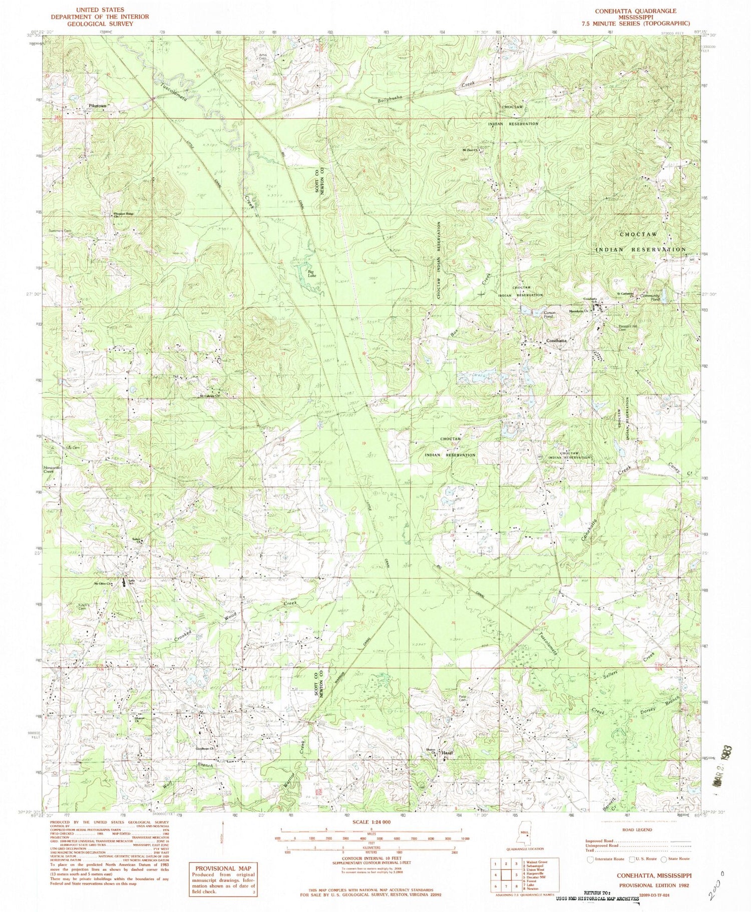 Classic USGS Conehatta Mississippi 7.5'x7.5' Topo Map Image