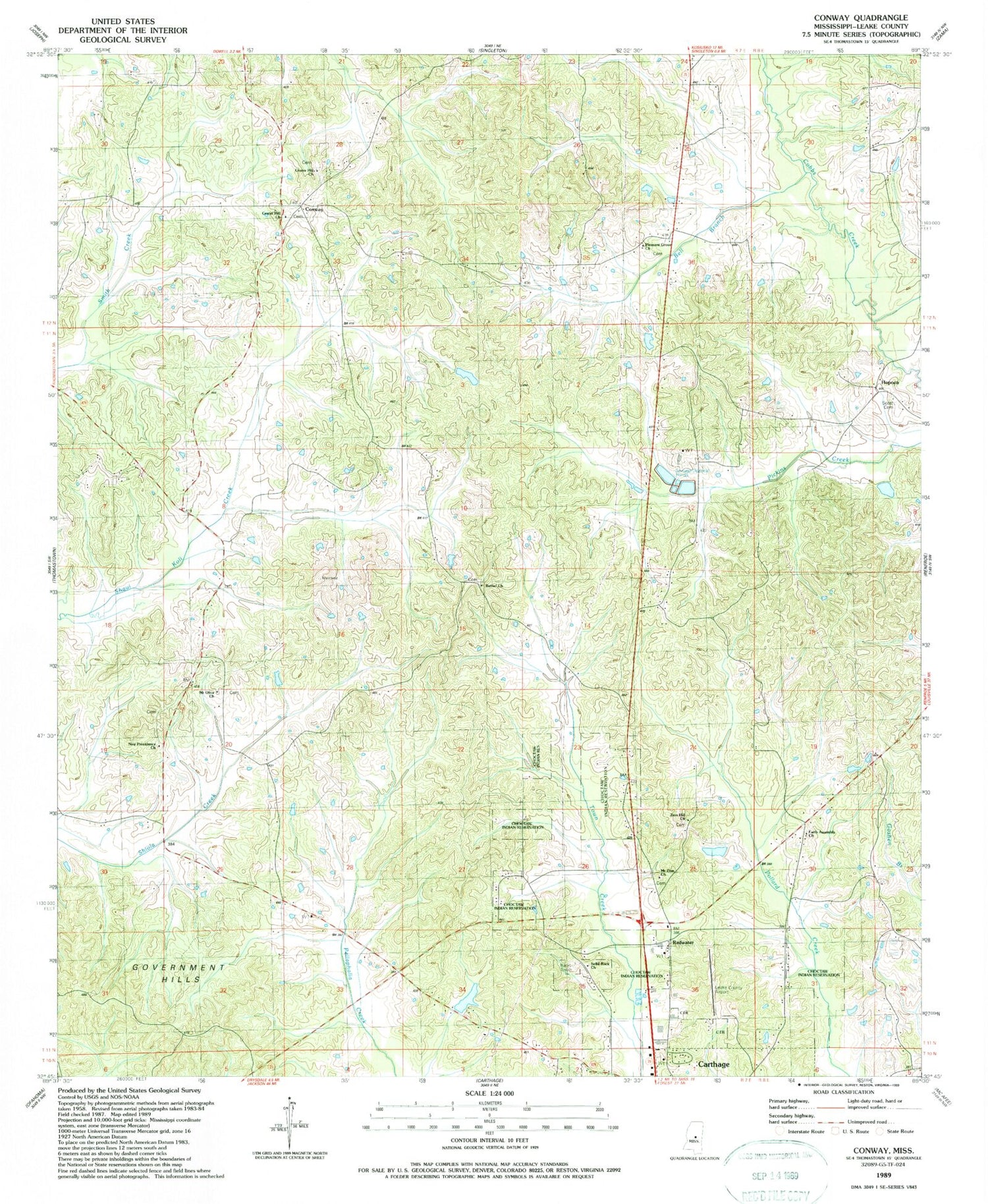 Classic USGS Conway Mississippi 7.5'x7.5' Topo Map Image