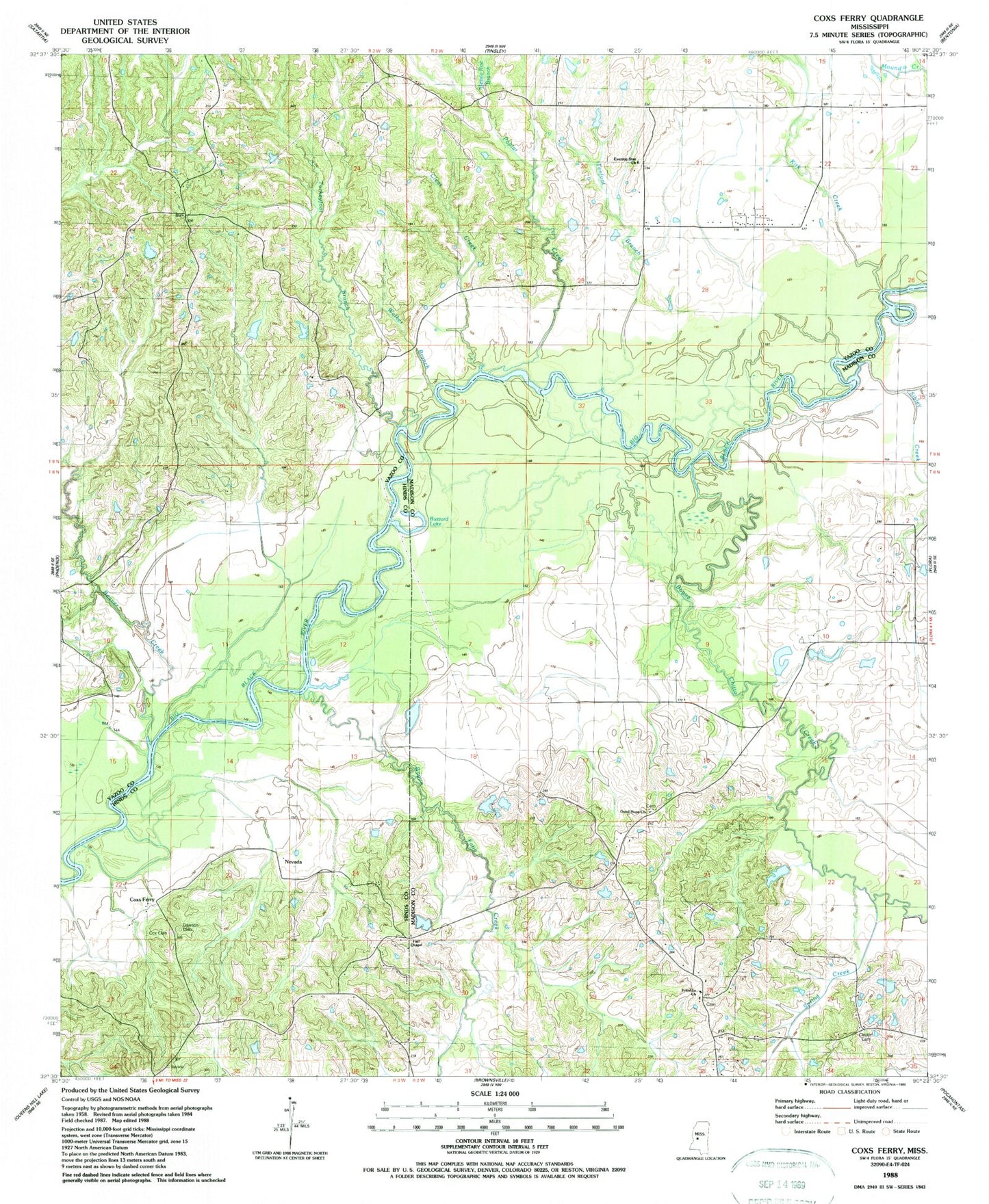 Classic USGS Coxs Ferry Mississippi 7.5'x7.5' Topo Map Image