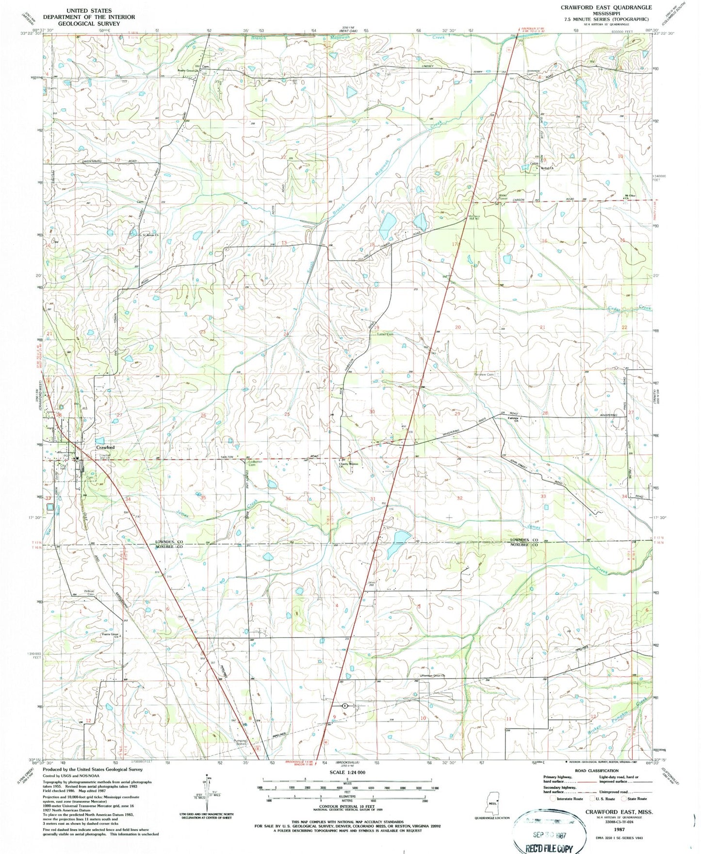 Classic USGS Crawford East Mississippi 7.5'x7.5' Topo Map Image