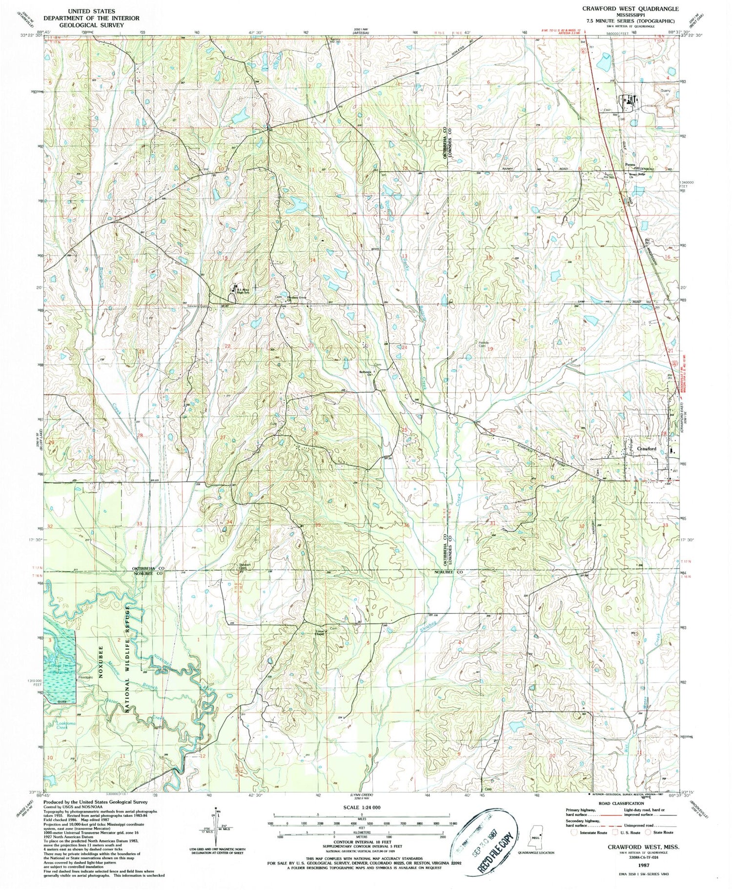 Classic USGS Crawford West Mississippi 7.5'x7.5' Topo Map Image