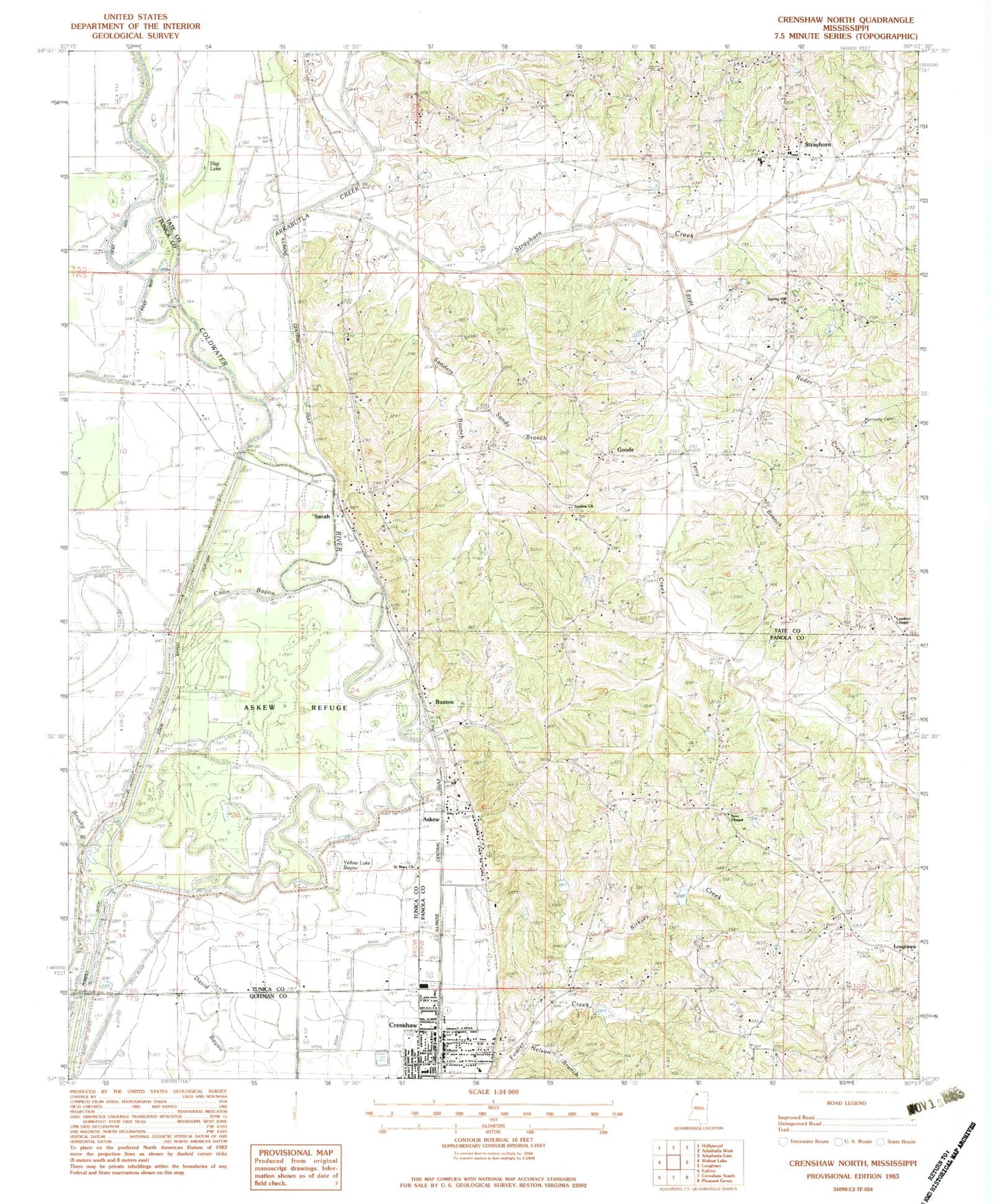 Classic USGS Crenshaw North Mississippi 7.5'x7.5' Topo Map Image