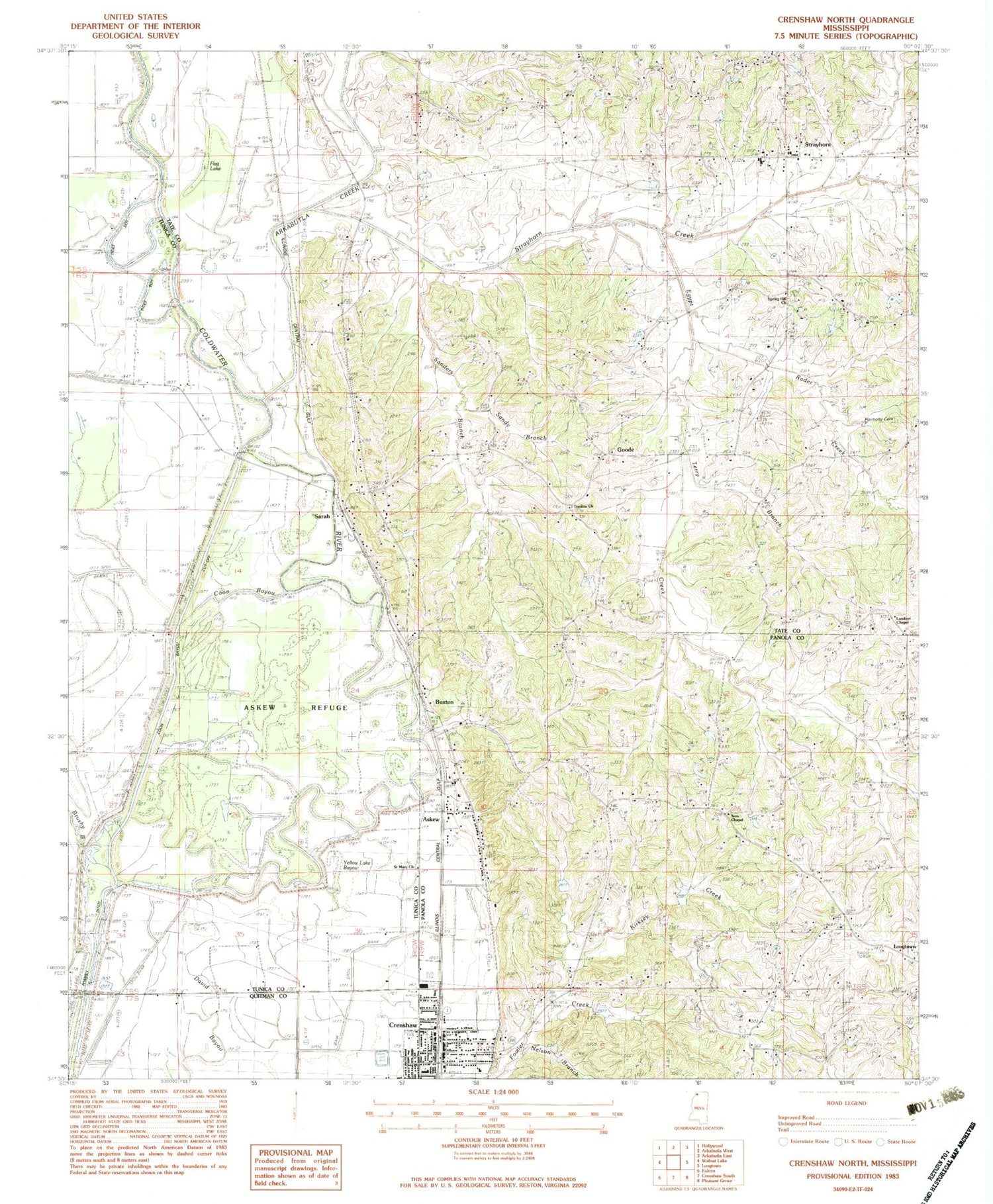Classic USGS Crenshaw North Mississippi 7.5'x7.5' Topo Map Image