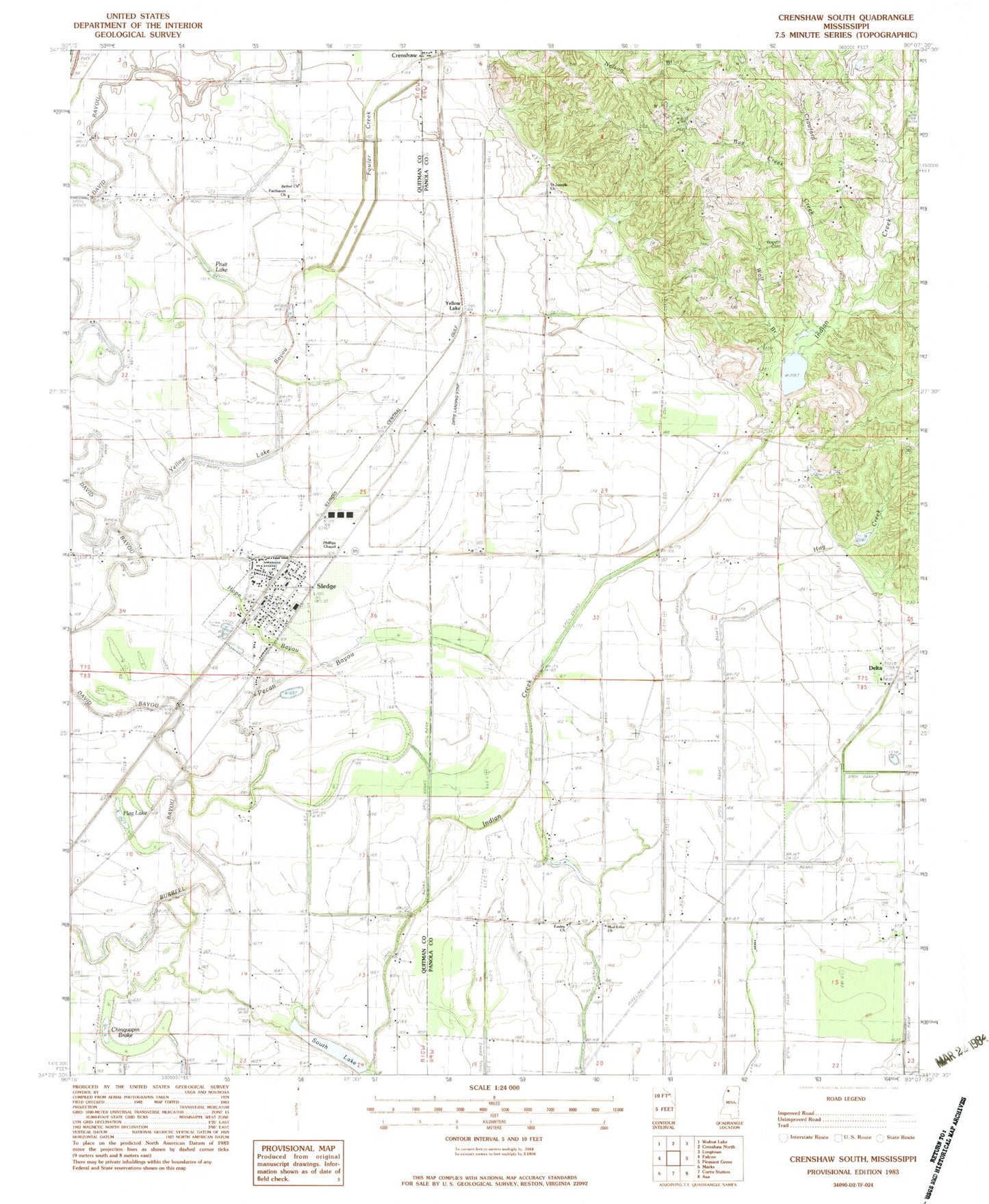 Classic USGS Crenshaw South Mississippi 7.5'x7.5' Topo Map Image