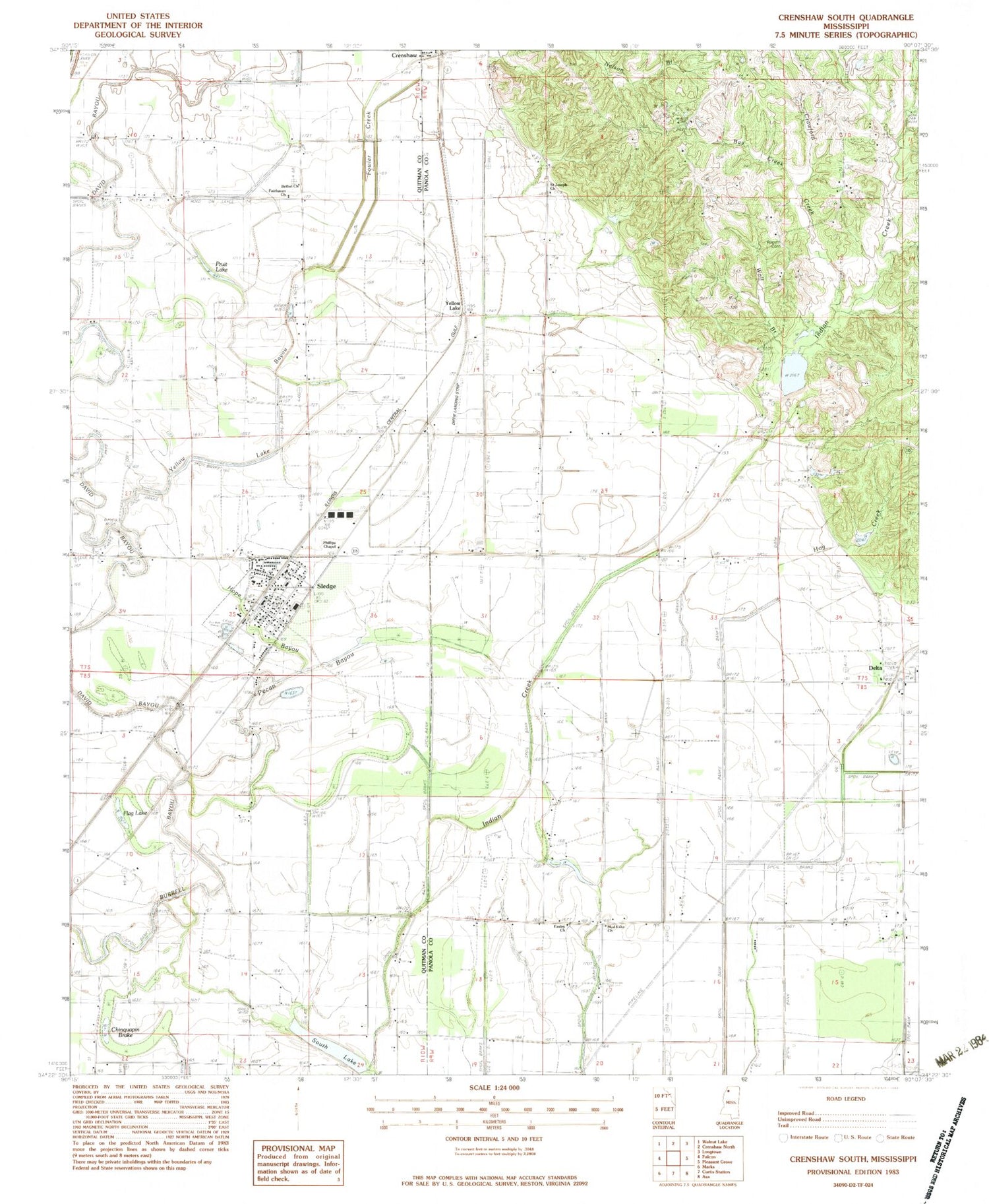 Classic USGS Crenshaw South Mississippi 7.5'x7.5' Topo Map Image