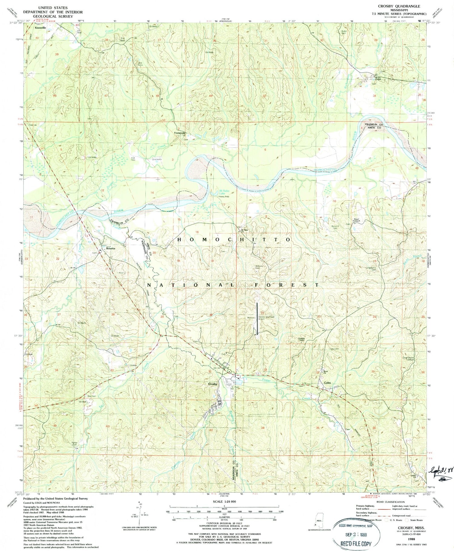 Classic USGS Crosby Mississippi 7.5'x7.5' Topo Map Image