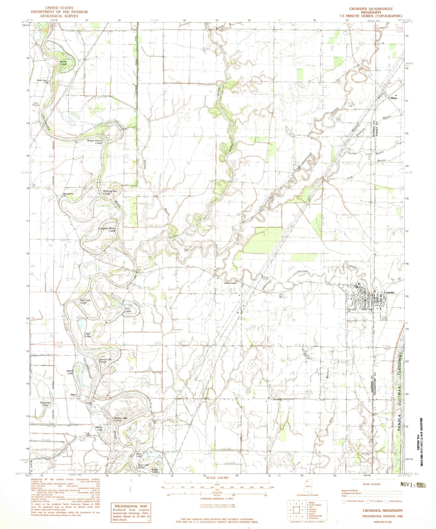 Classic USGS Crowder Mississippi 7.5'x7.5' Topo Map Image