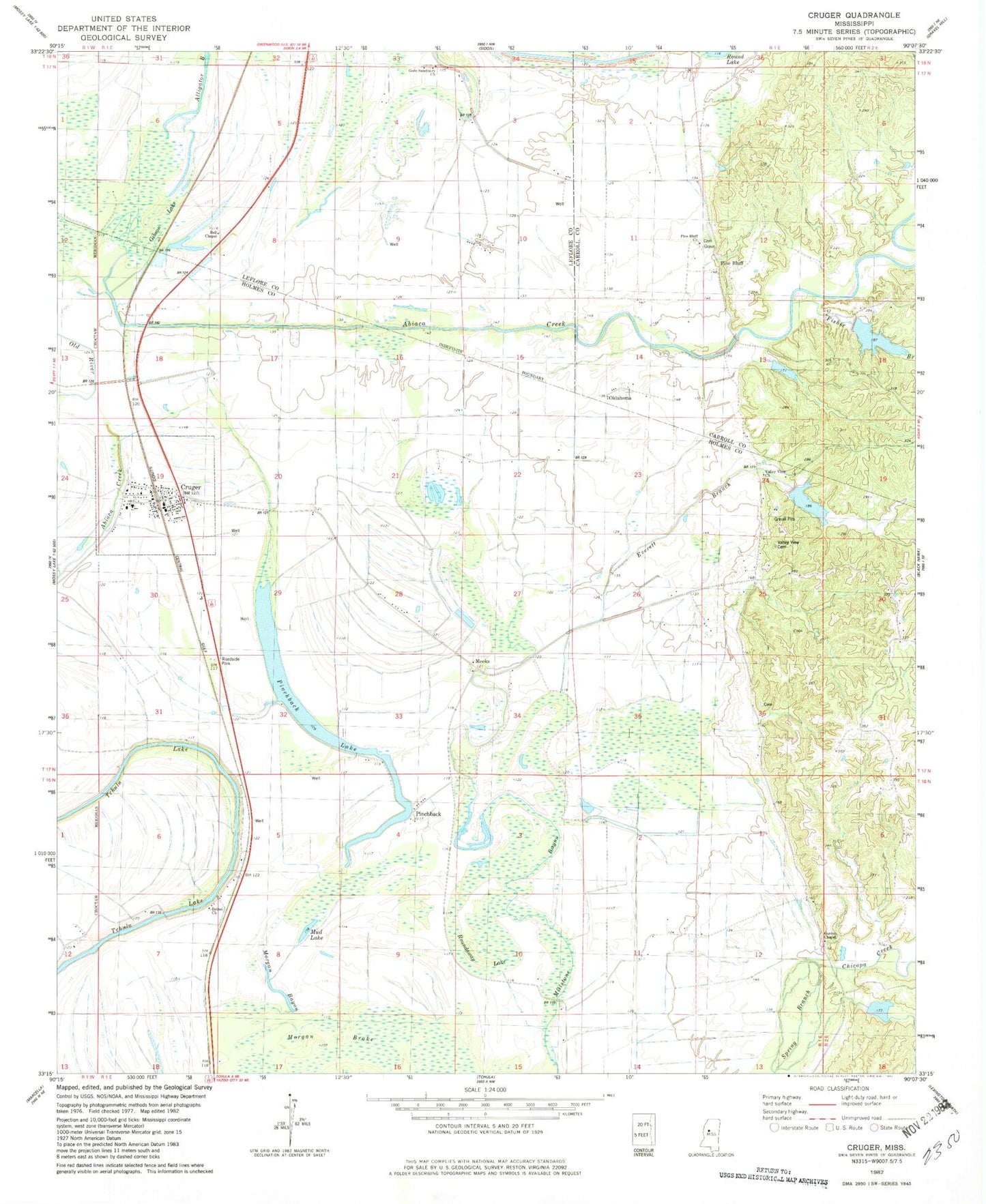Classic USGS Cruger Mississippi 7.5'x7.5' Topo Map Image