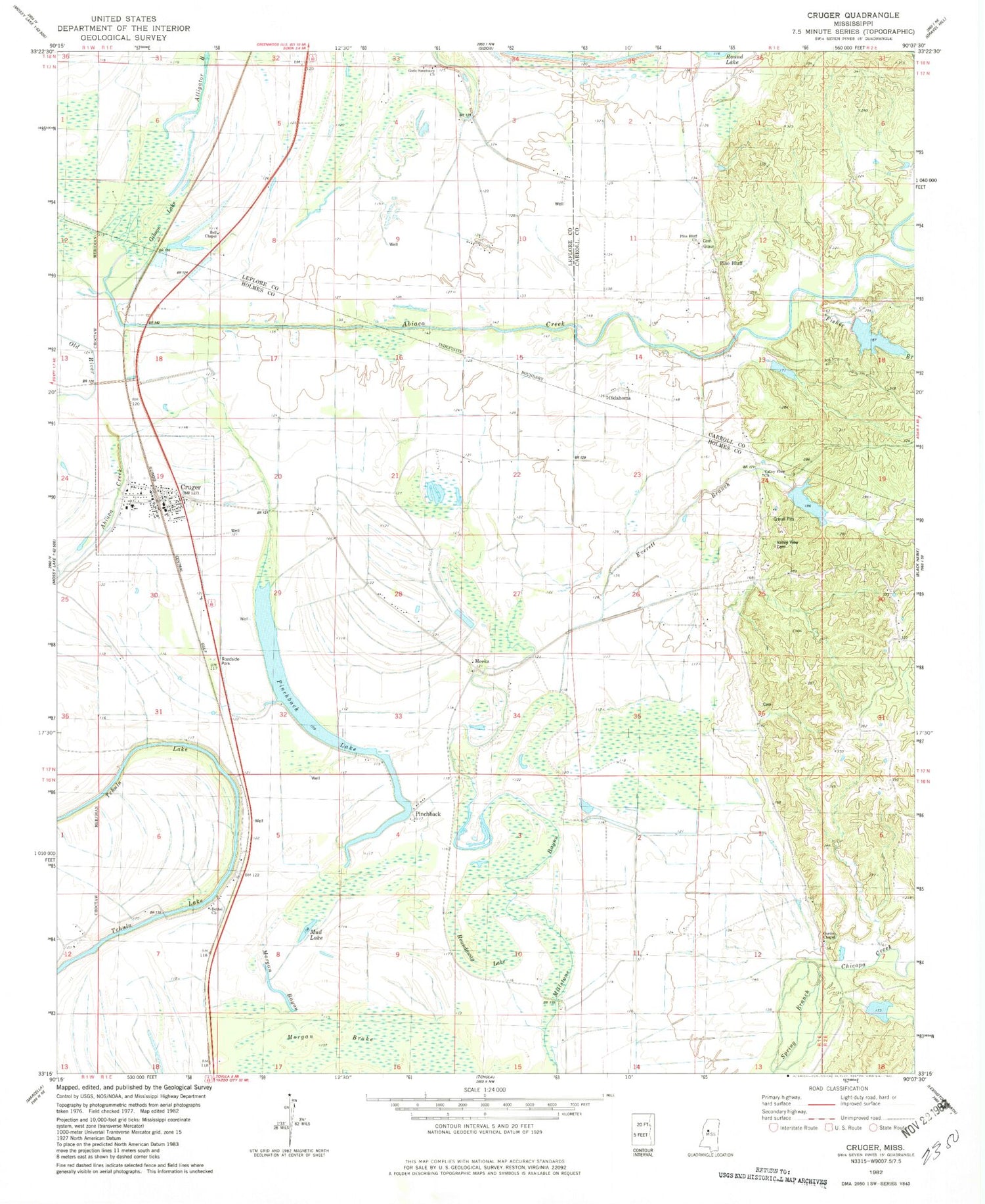 Classic USGS Cruger Mississippi 7.5'x7.5' Topo Map Image