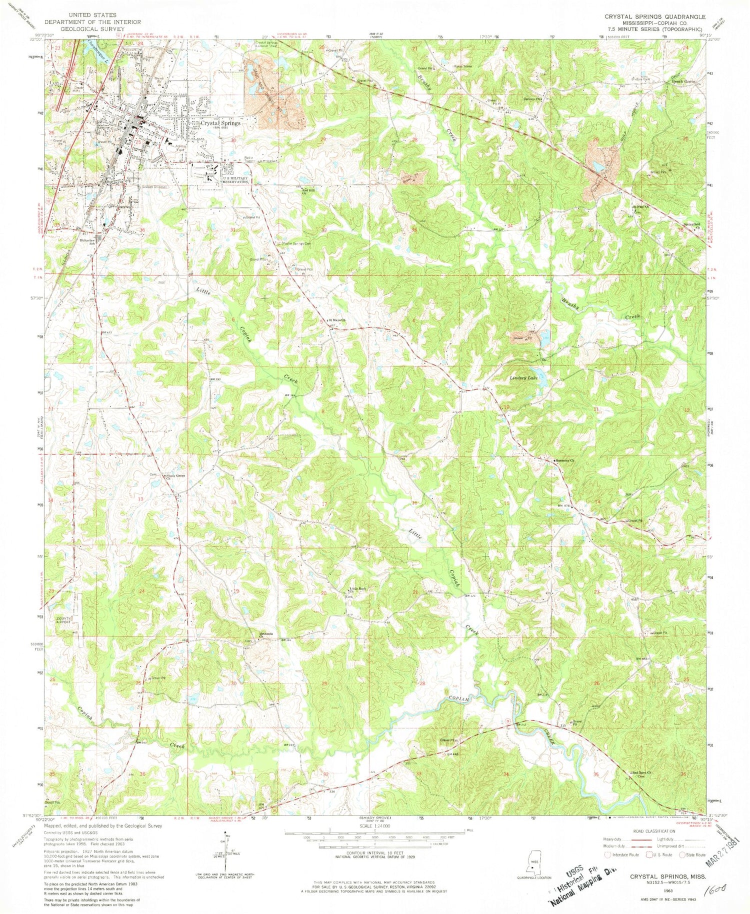 Classic USGS Crystal Springs Mississippi 7.5'x7.5' Topo Map Image