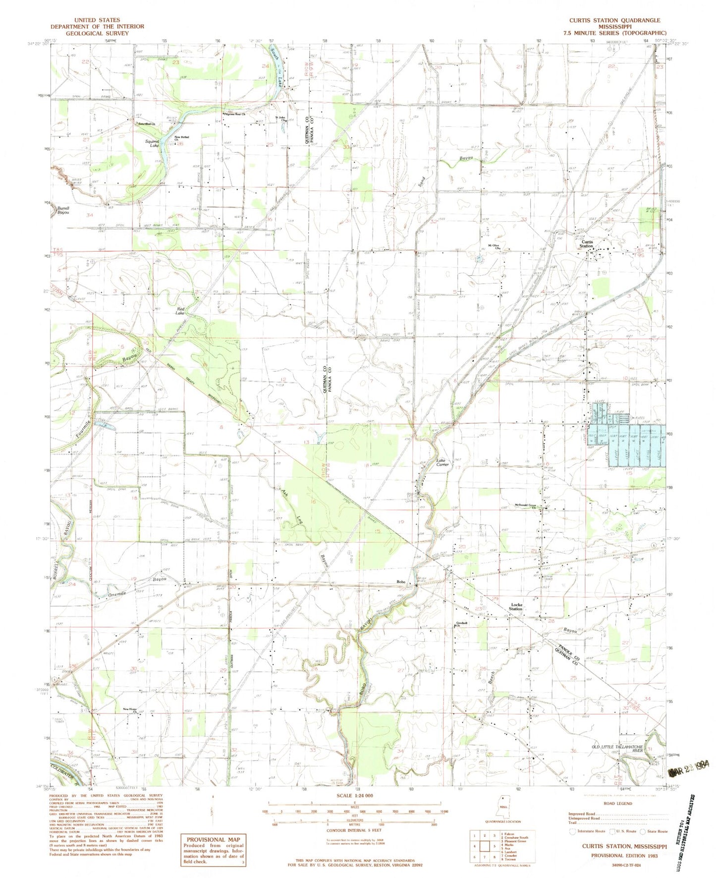 Classic USGS Curtis Station Mississippi 7.5'x7.5' Topo Map Image