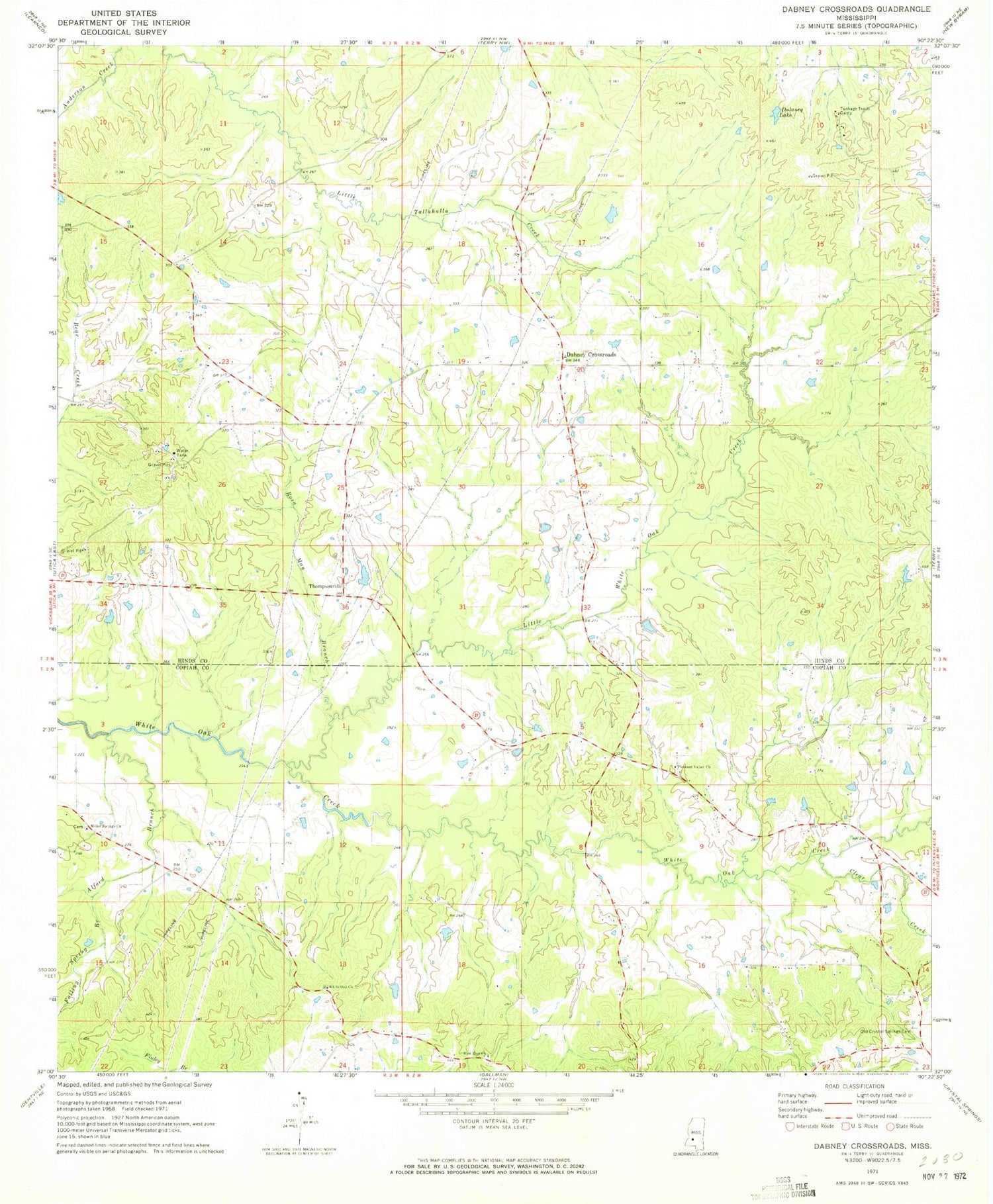 Classic USGS Dabney Crossroads Mississippi 7.5'x7.5' Topo Map Image