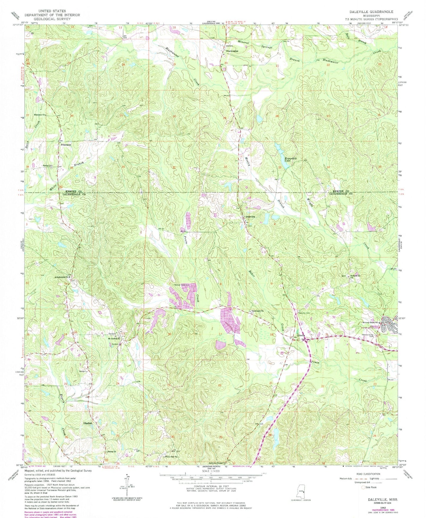 Classic USGS Daleville Mississippi 7.5'x7.5' Topo Map Image