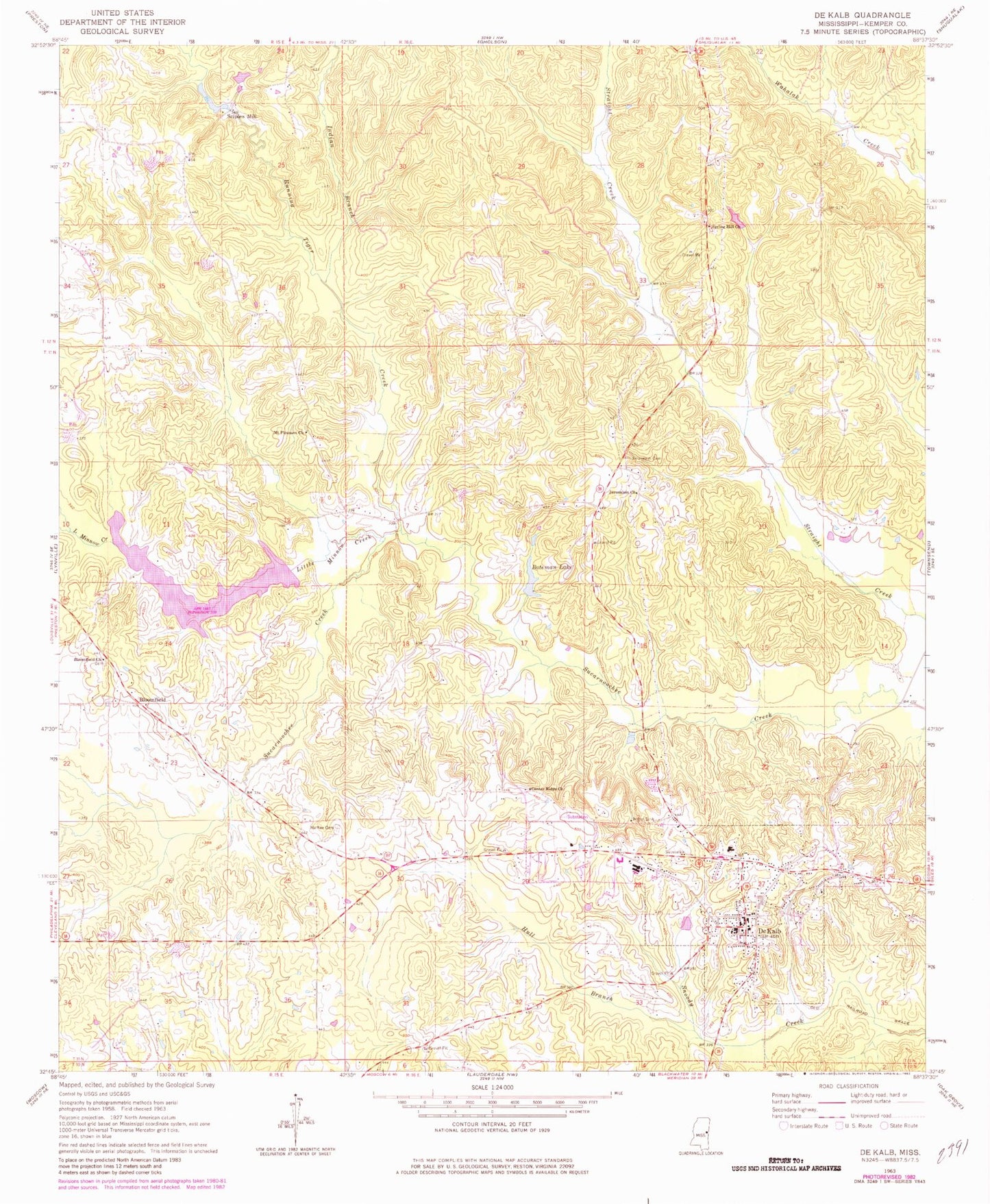 Classic USGS De Kalb Mississippi 7.5'x7.5' Topo Map Image