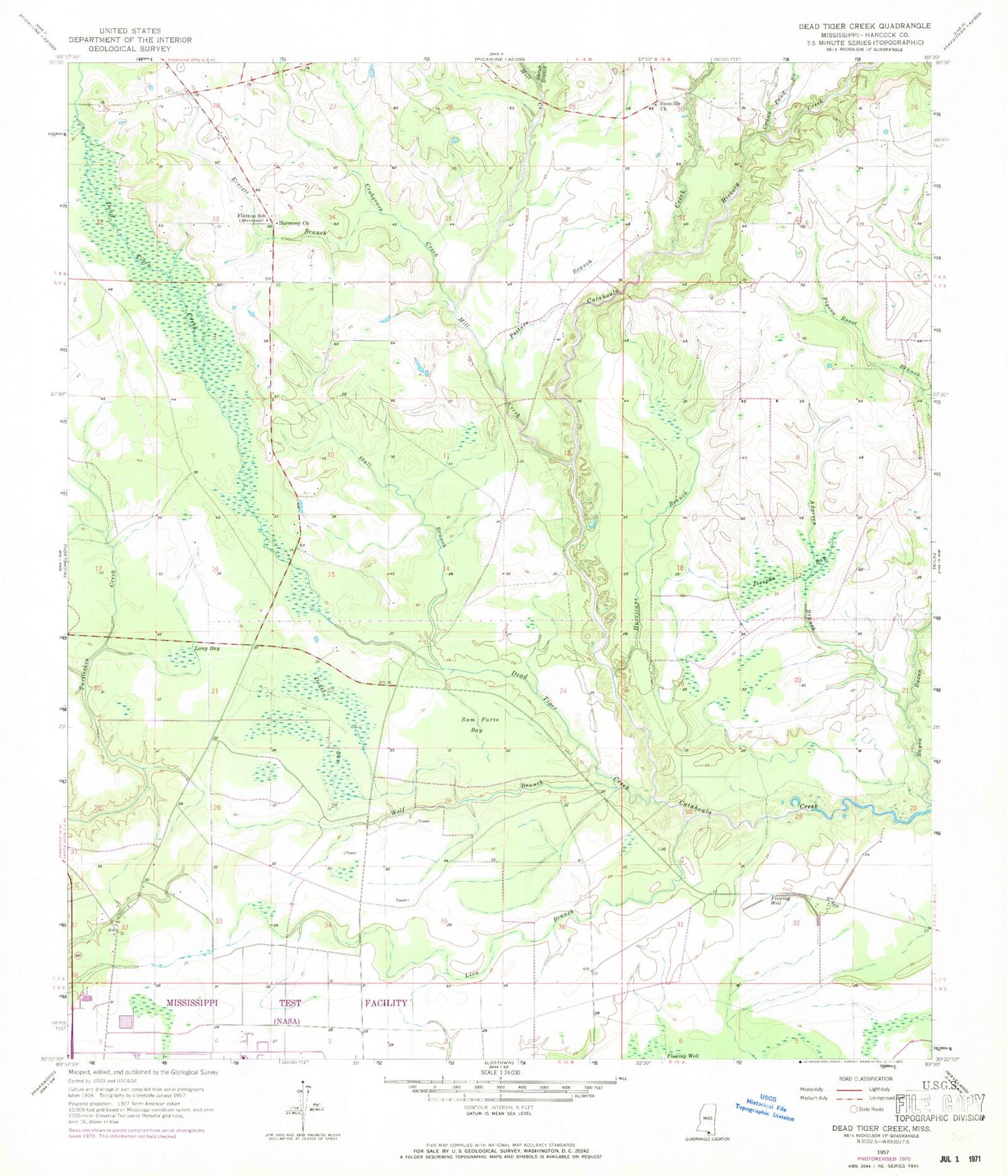 Classic USGS Dead Tiger Creek Mississippi 7.5'x7.5' Topo Map Image