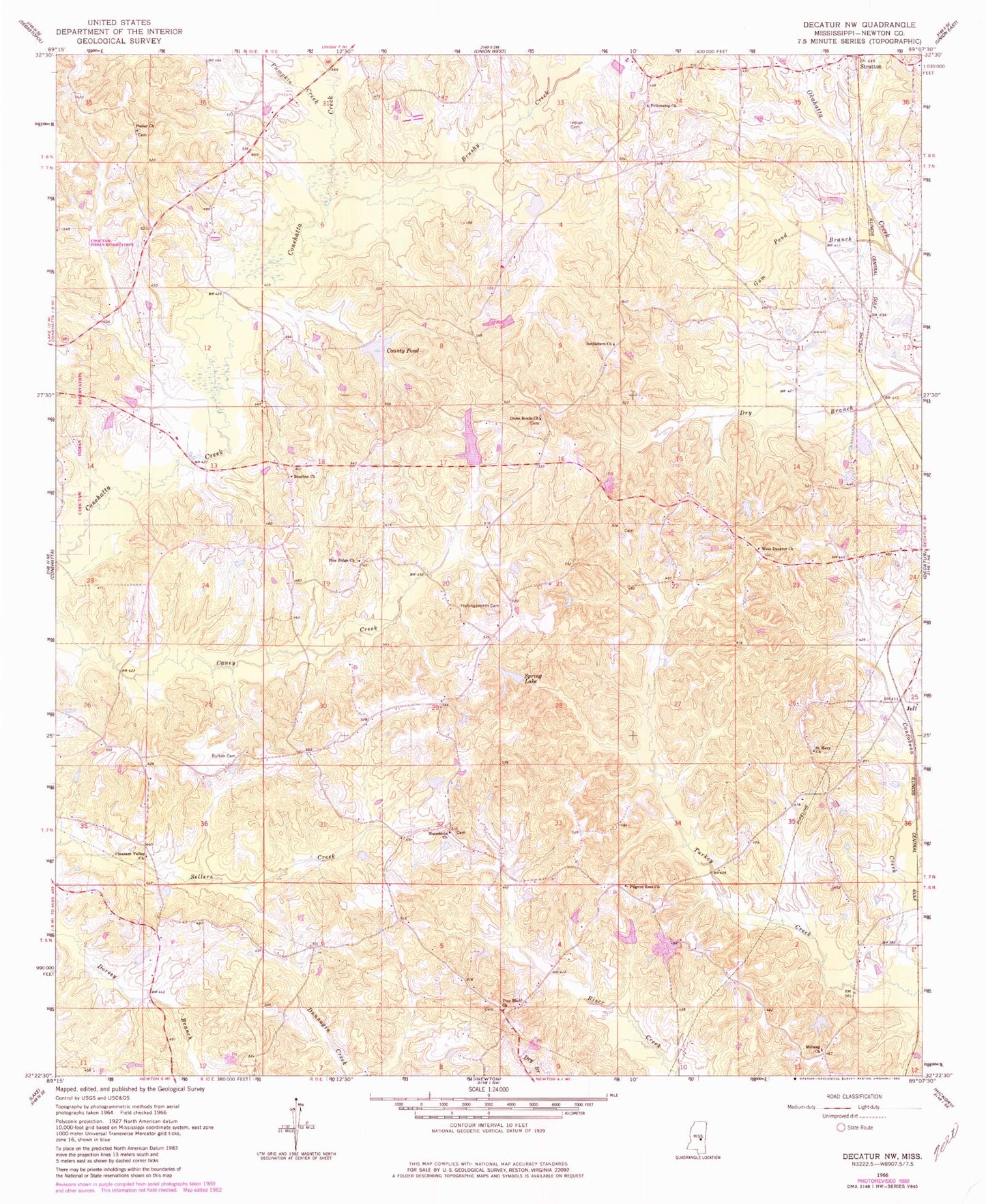Classic USGS Decatur NW Mississippi 7.5'x7.5' Topo Map Image