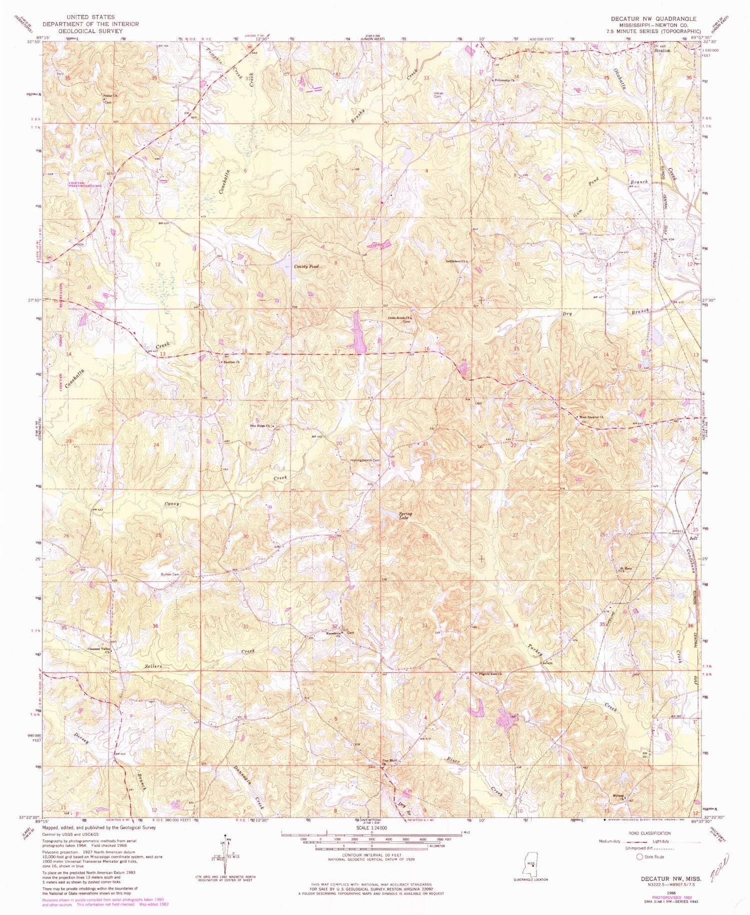 Classic USGS Decatur NW Mississippi 7.5'x7.5' Topo Map Image