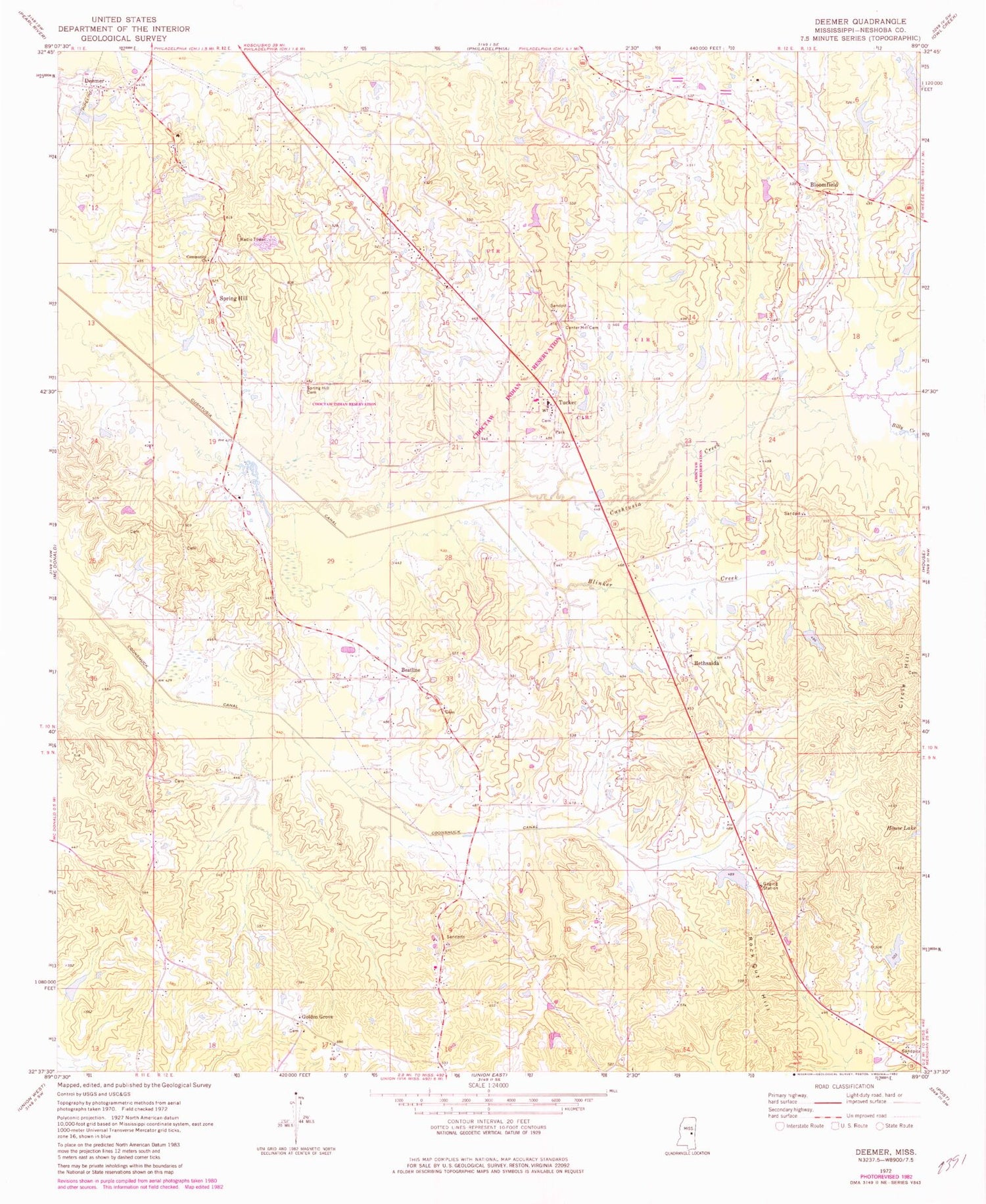 Classic USGS Deemer Mississippi 7.5'x7.5' Topo Map Image