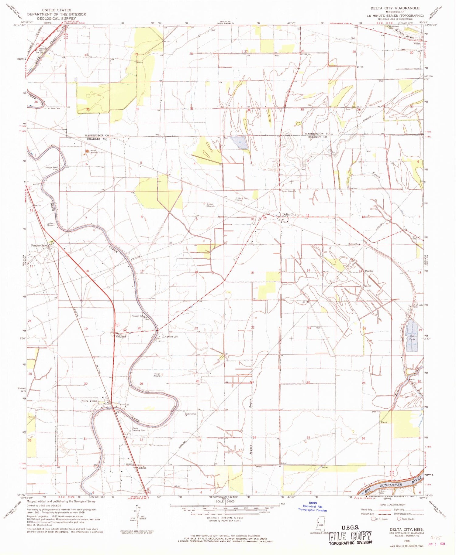 Classic USGS Delta City Mississippi 7.5'x7.5' Topo Map Image