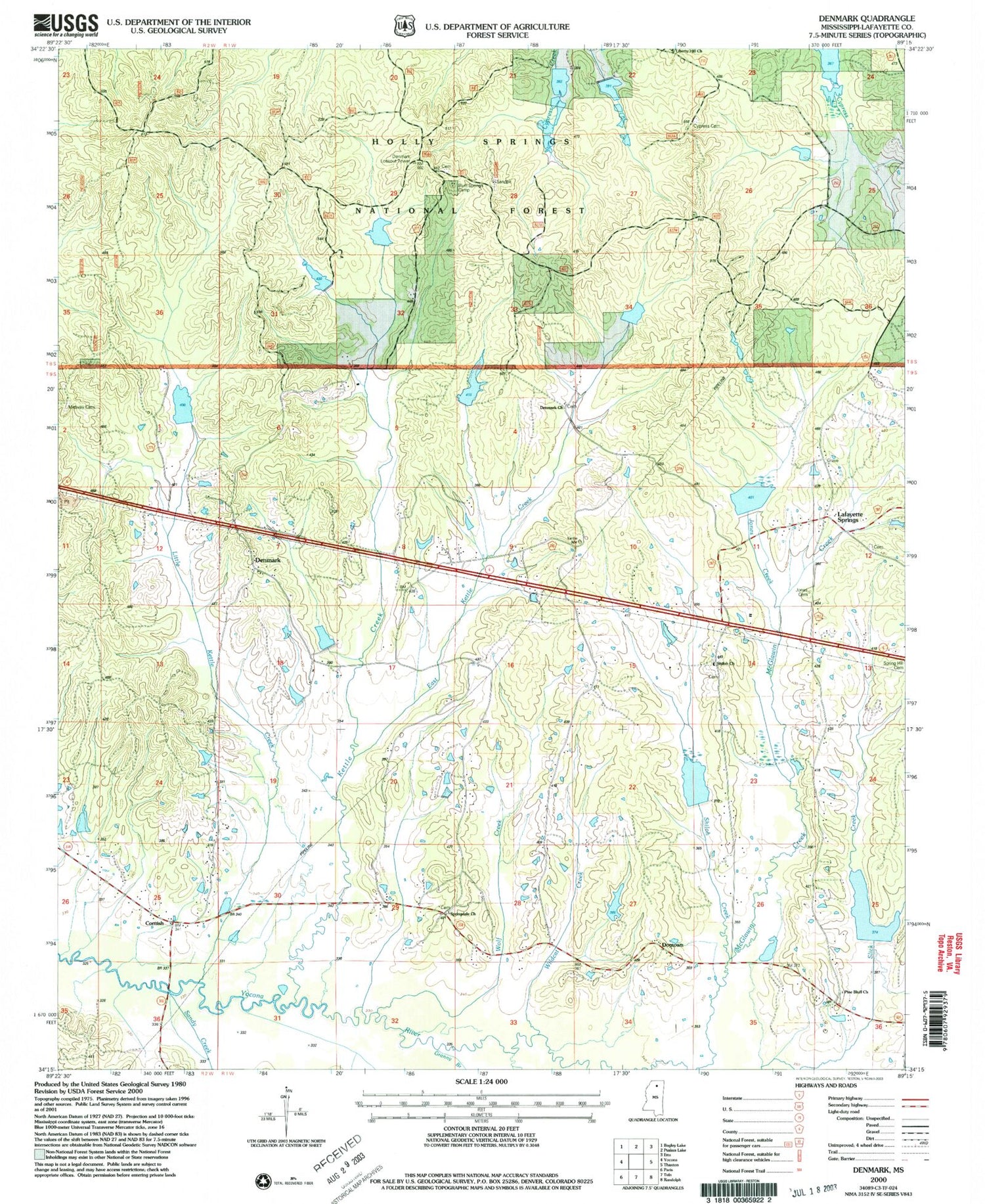 Classic USGS Denmark Mississippi 7.5'x7.5' Topo Map Image