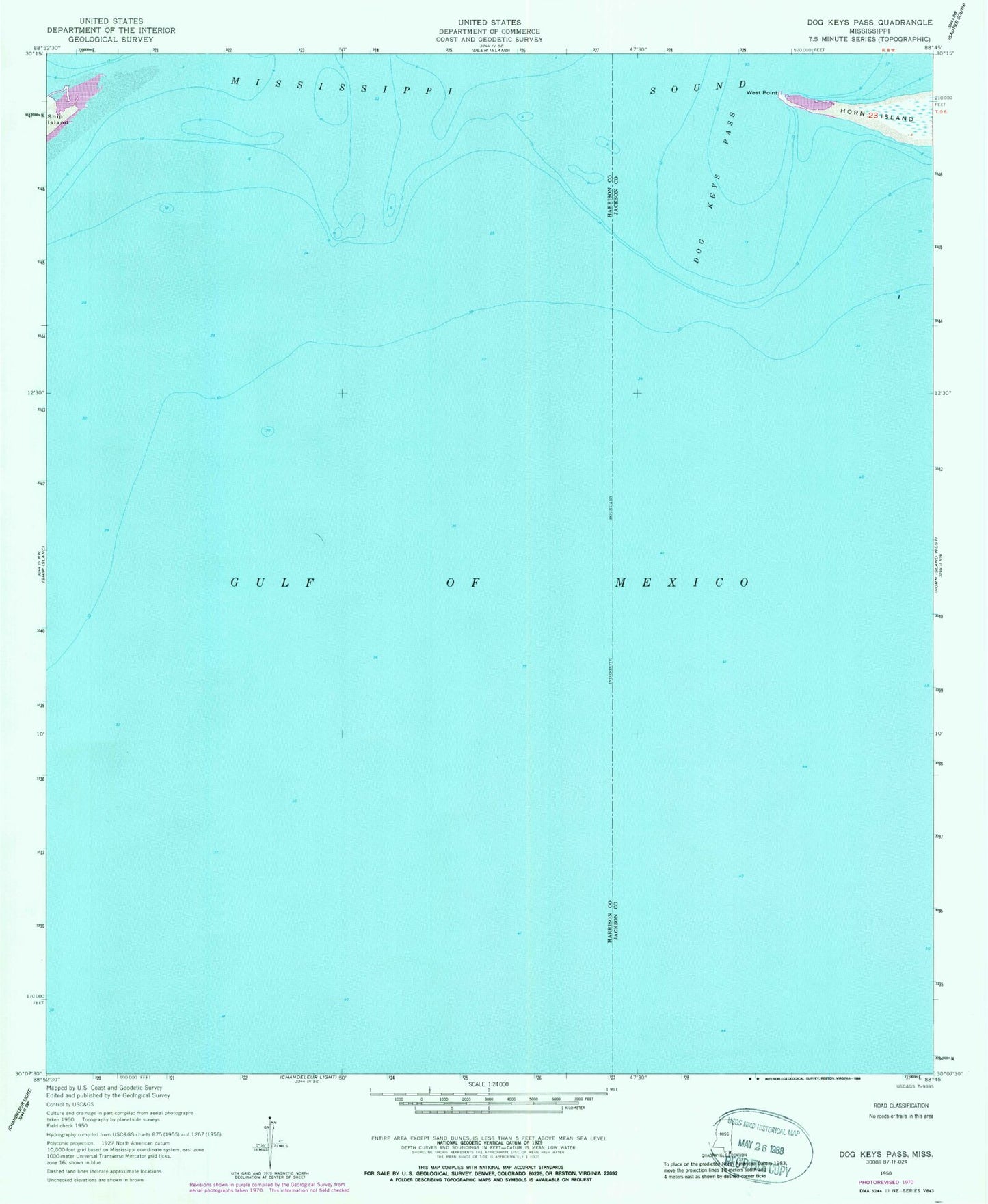 Classic USGS Dog Keys Pass Mississippi 7.5'x7.5' Topo Map Image